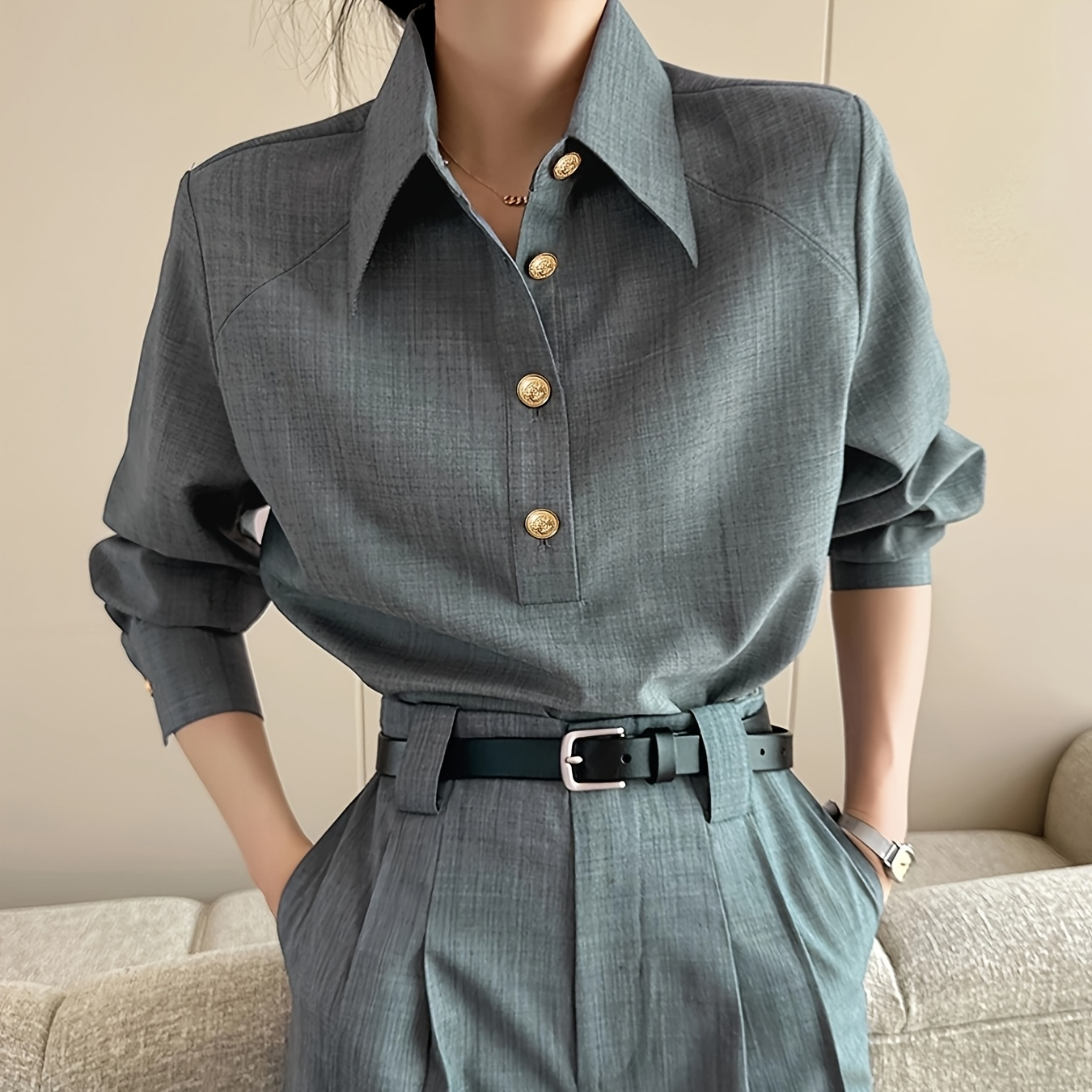 

Blouse décontractée à manches longues de couleur unie pour femmes, haut en polyester tissé, avec col à et boutons sur le devant, pour /été/automne