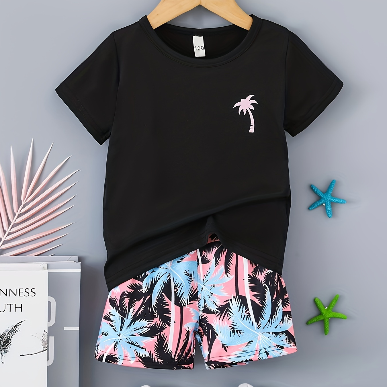 

Boys Coconut Tree Print T-shirt And Shorts Set, Casual Short Sleeve Top And Pants For Summer Kids Children