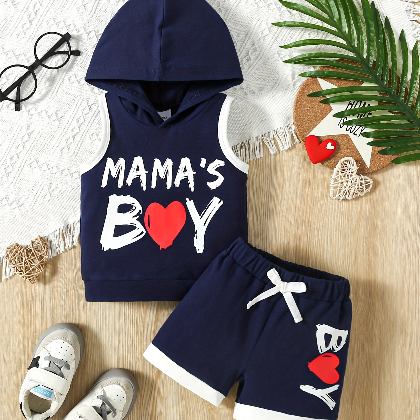 

2pcs Baby's "mama's Boy" Print Summer Set, Hooded Tank Top & Casual Shorts, Baby Boy's Clothing, As Gift