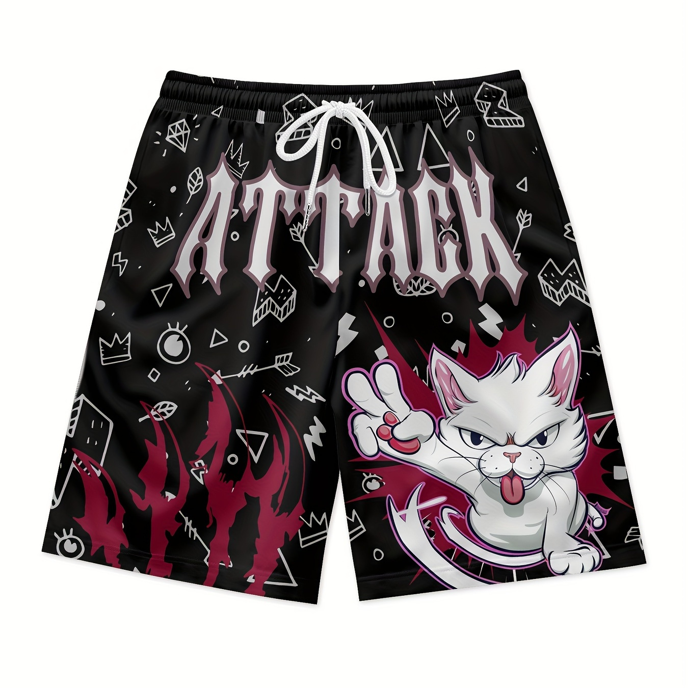 

Attack Cat Print Black Shorts For Men Quick Dry Breathable Polyester Beach Board Shorts Streetwear Shorts Clothing Bottoms