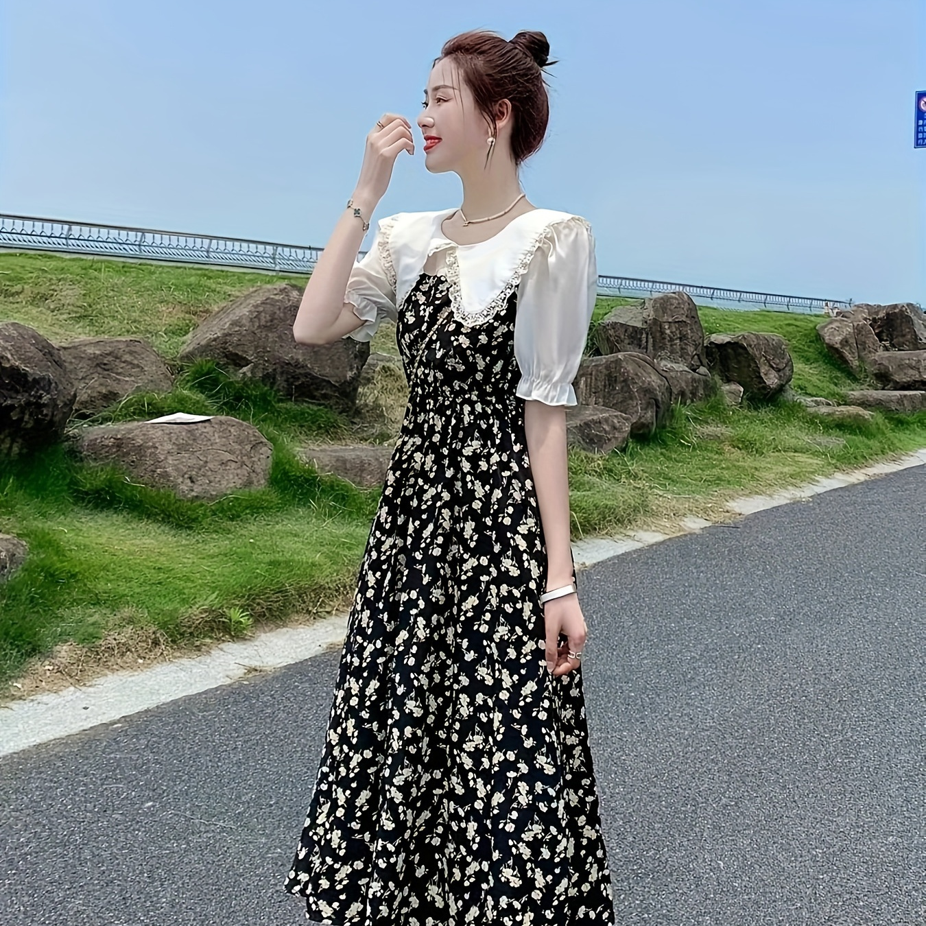 

Allover Print Colorblock Splicing A-line Dress, Elegant Collar Short Sleeve Dress For Spring & Summer, Women's Clothing