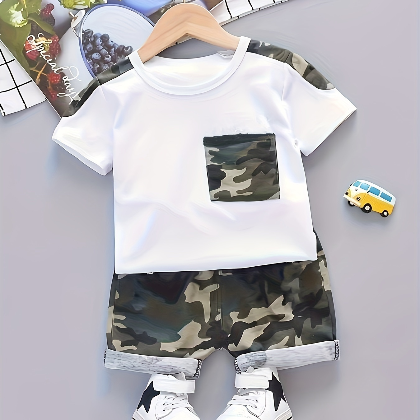 

2pcs Infant & Toddler's Trendy Camouflage Pattern Summer Outfit, T-shirt & Matching Shorts, Baby Boy's Clothes