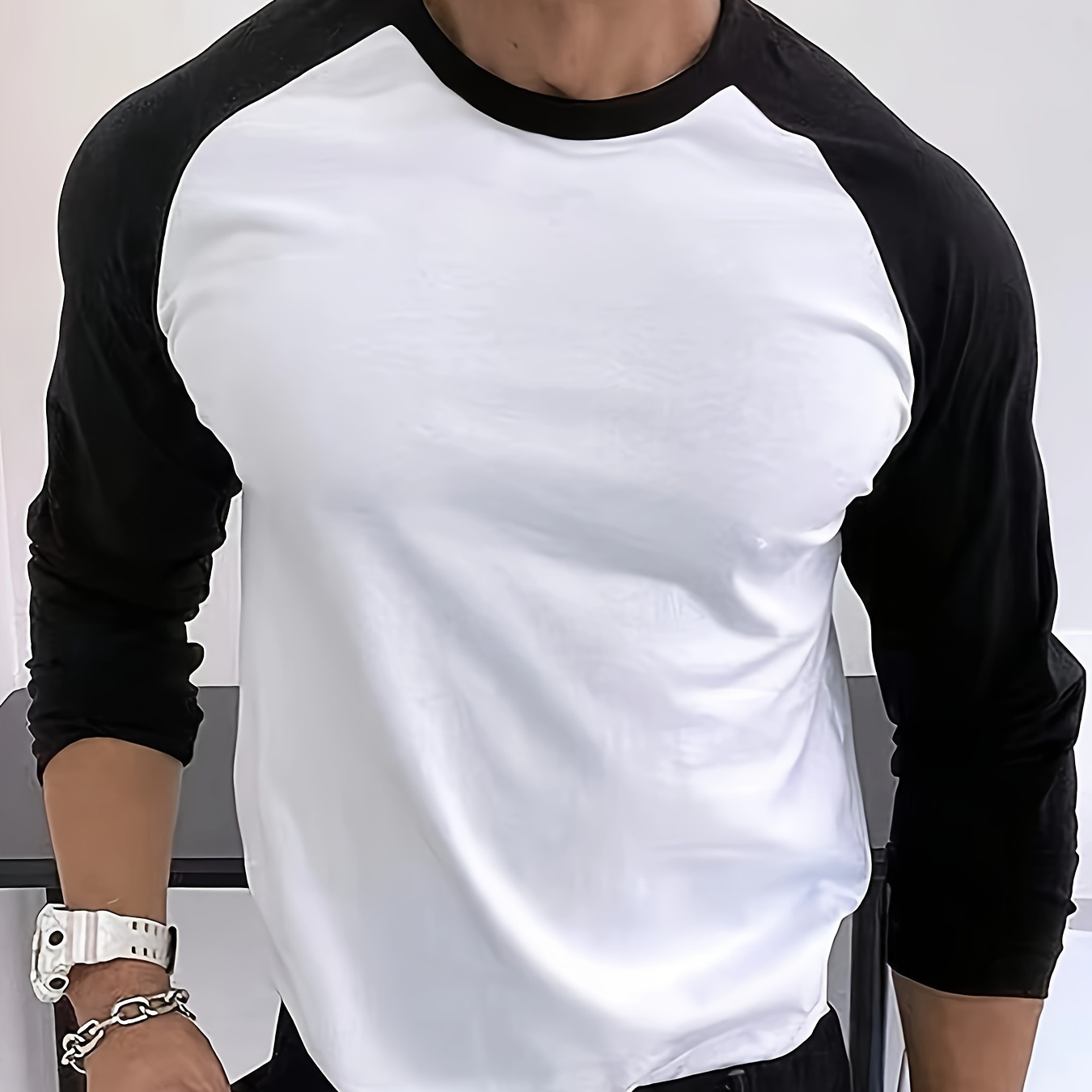 

Men's Trendy Color Block Long Sleeve Crew Neck Shirt, Men's Casual Basic Tops
