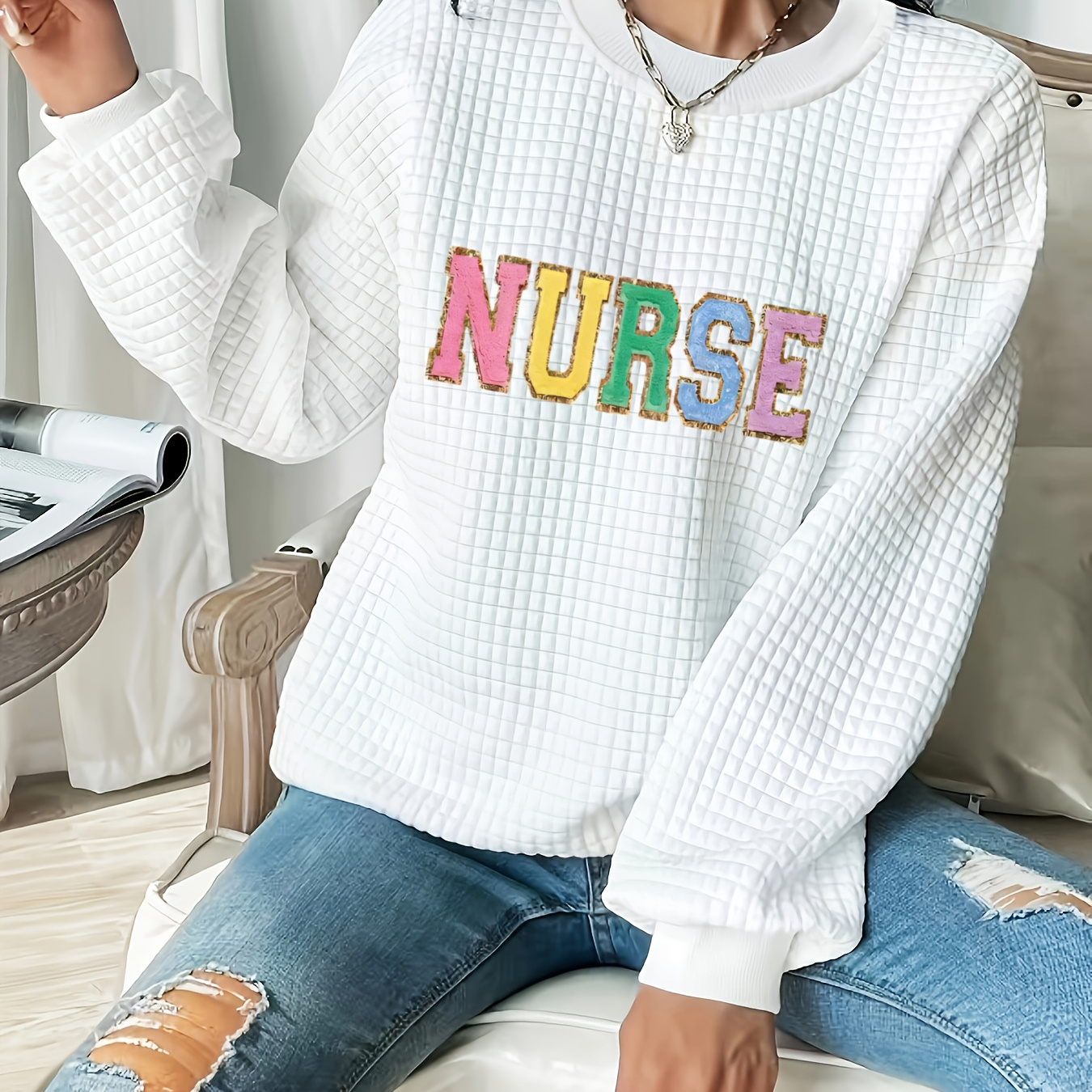

Plus Size Letter Nurse Print Sweatshirt, Casual Long Sleeve Crew Neck Sweatshirt, Women's Plus Size Clothing
