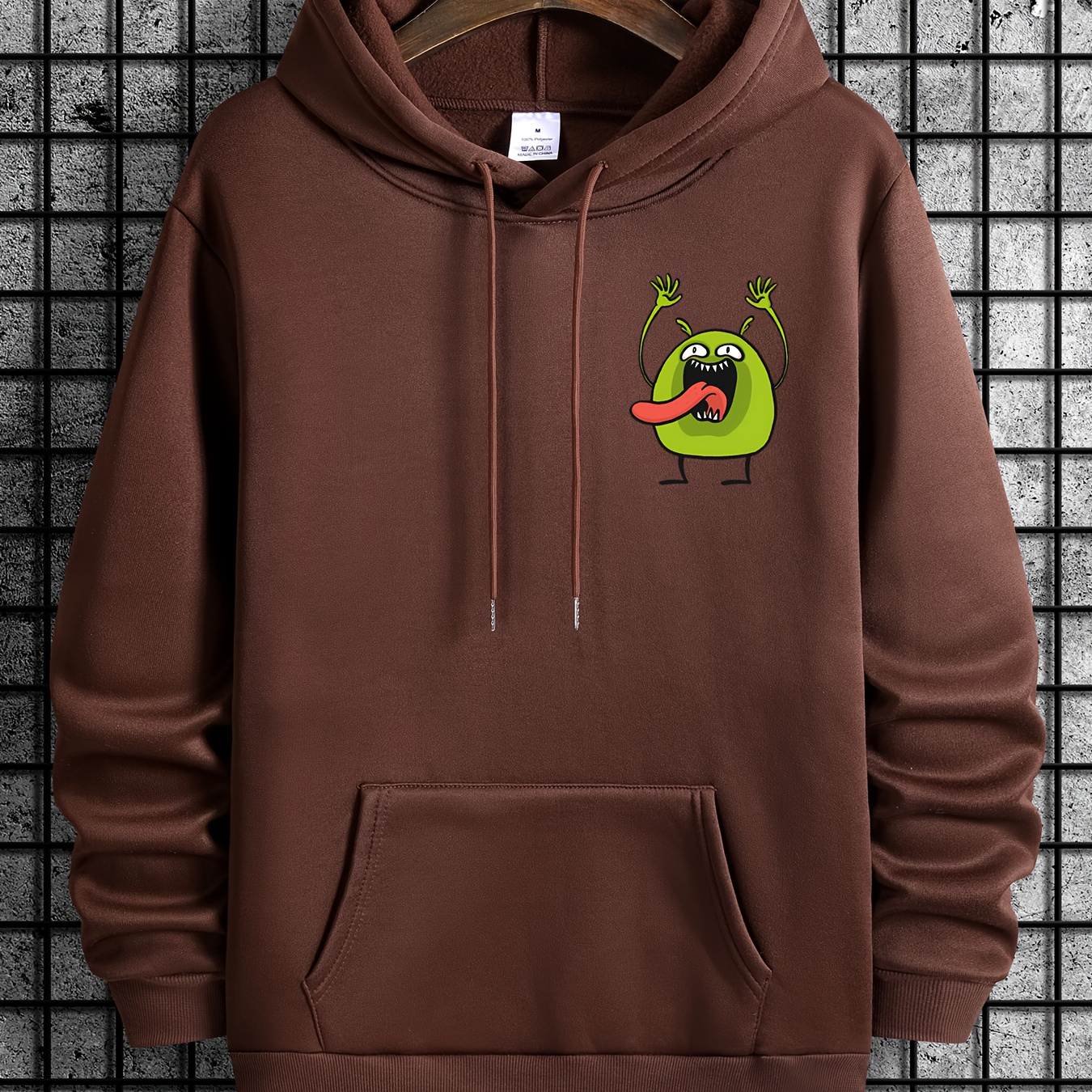

Green Monster With Tongue Out Print Sweatshirt, Creative Graphic Design Hoodies For Men, Men's Hooded Streetwear Pullover, For All Seasons, As Gifts