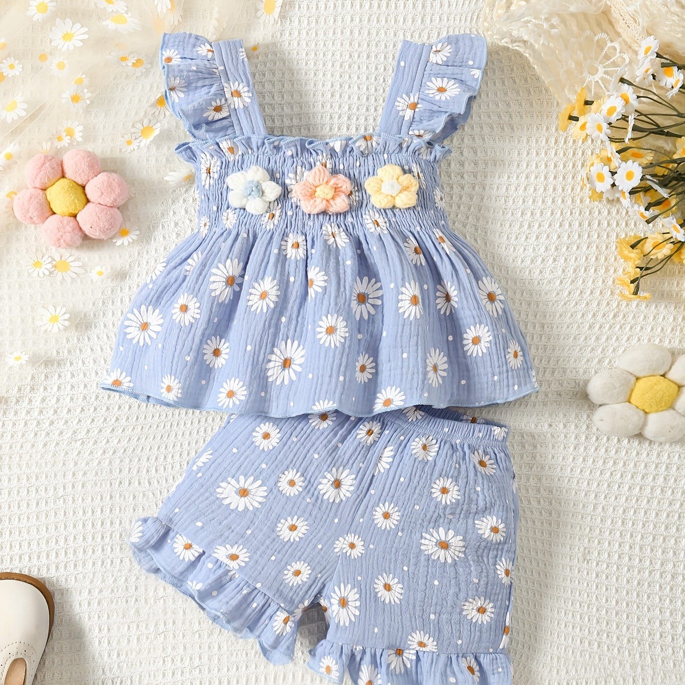 

Baby's Cartoon Daisy Full Print 2pcs Lovely Summer Outfit, Knit Flower Decor Shirred Peplum Top & Muslin Shorts Set, Toddler & Infant Girl's Clothes For Daily/holiday, As Gift