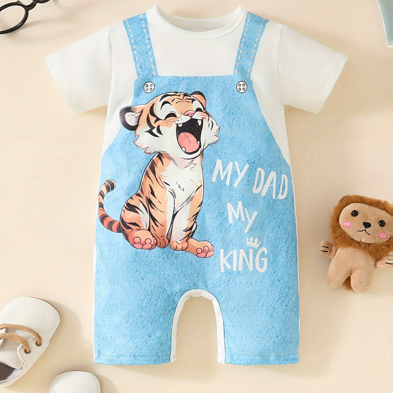 

Baby Boys Summer Short Sleeve Romper, Cute Tiger Print One-piece Bodysuit, Casual Comfortable Clothing With Snap Closure