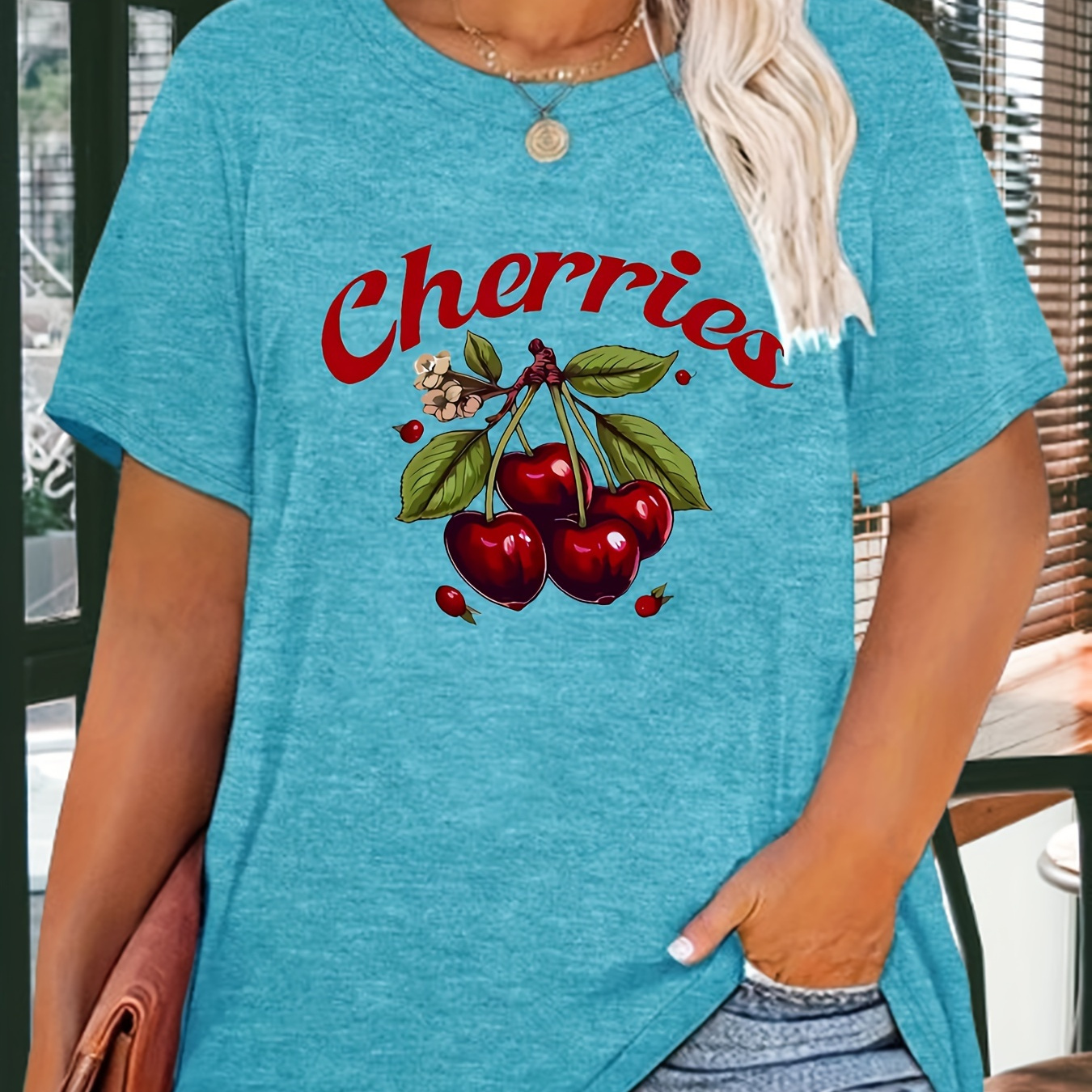 

Plus Size Cherries Print T-shirt, Casual Short Sleeve Crew Neck Top For Spring & Summer, Women's Plus Size Clothing