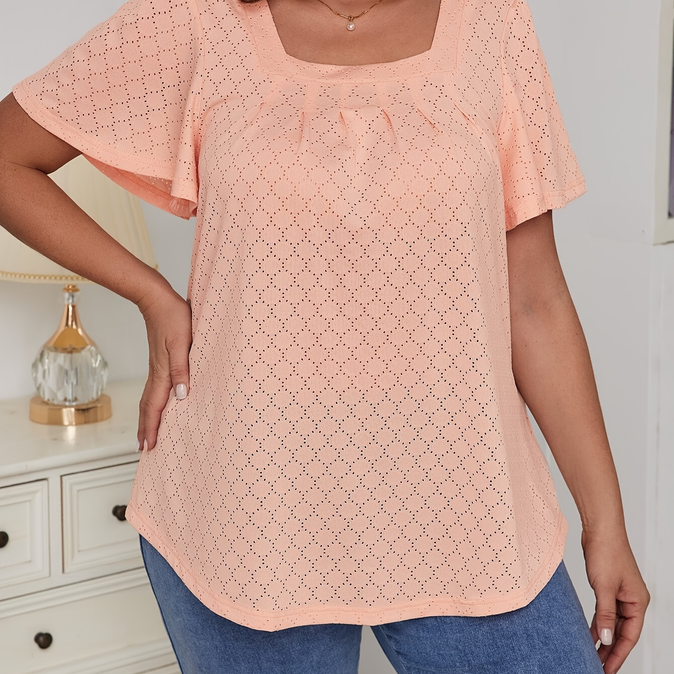 

Plus Size Solid Eyelet Embroidered T-shirt, Casual Flutter Sleeve Square Neck Top For Spring & Summer, Women's Plus Size Clothing