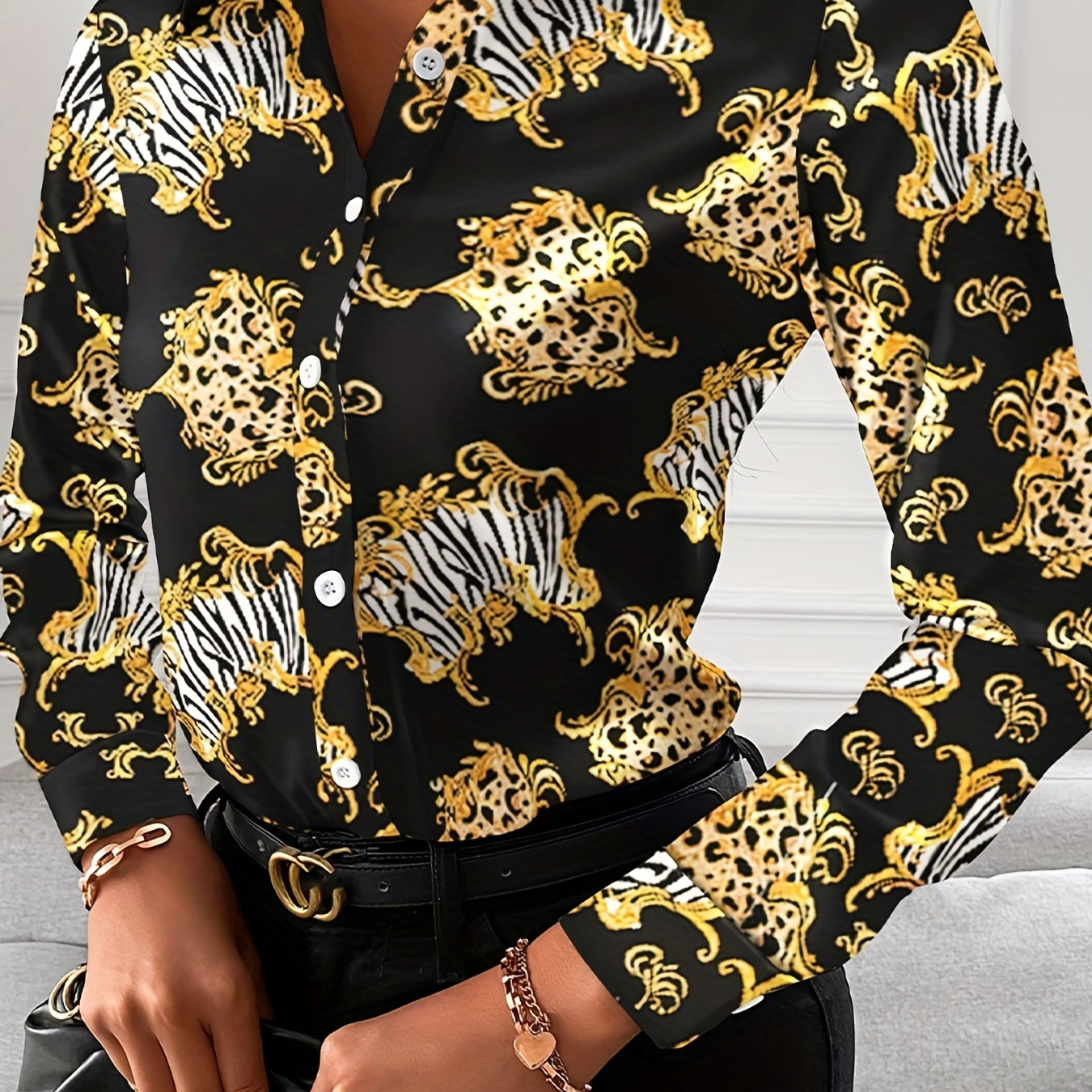 

Plus Size Elegant Blouse, Women's Plus Floral Print Neck Long Sleeve Button Up Blouse