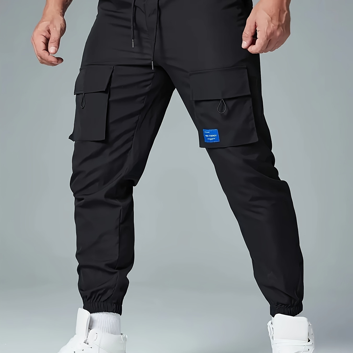 

Men's Casual Drawstring Cargo Pants With Multiple Pockets - Polyester, Mid-waist, Spring/fall, For Autumn, Spring