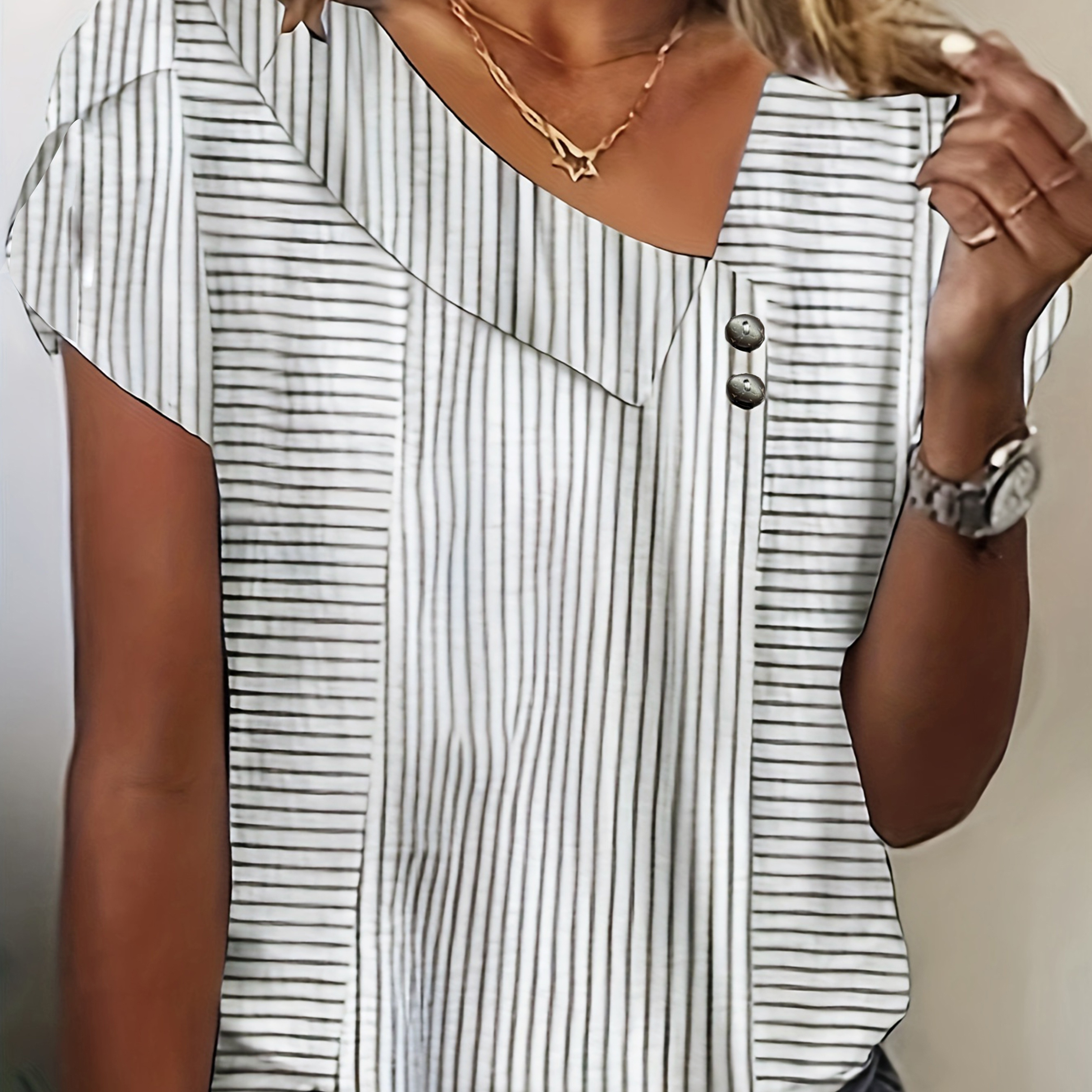 

Chic Women's Striped V-neck Blouse With Front Buttons - Casual Short Sleeve, Polyester, Machine Washable - Stylish & Comfortable For All