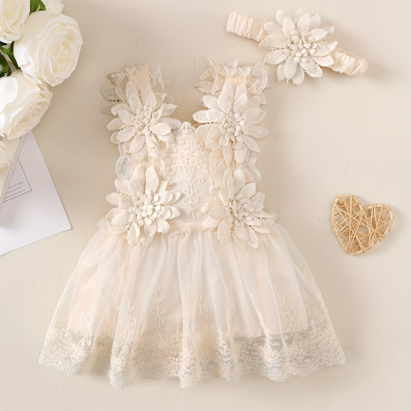 

Baby's Elegant Flower Applique Sleeveless Mesh Dress & Hairband, Infant & Toddler Girl's Clothing For Summer Party, As Gift