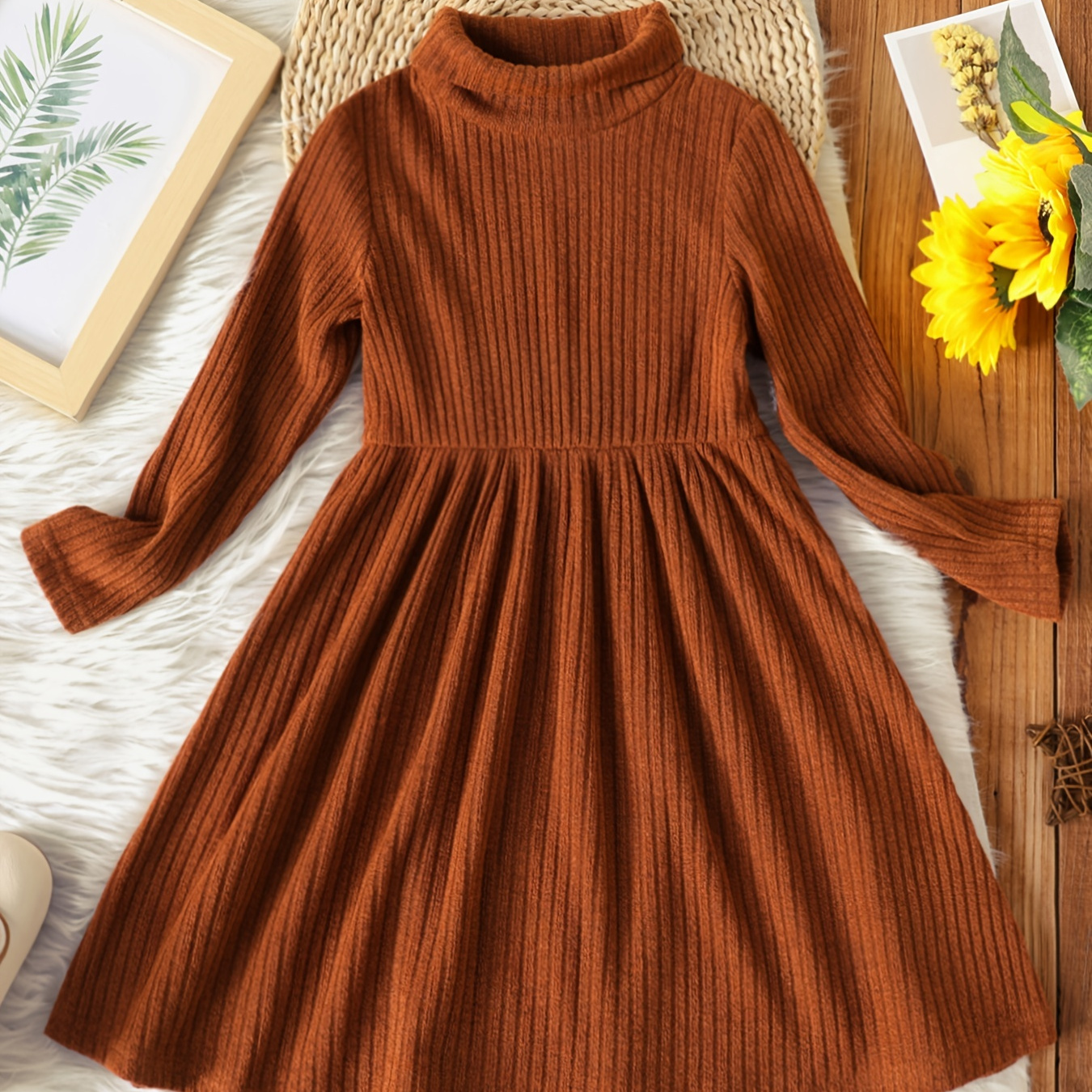 

Patpat Toddler Girl Casual Turtleneck/high-neck Smocked Hem Solid Color Ribbed Long-sleeve Dress For Spring & Autumn/fall