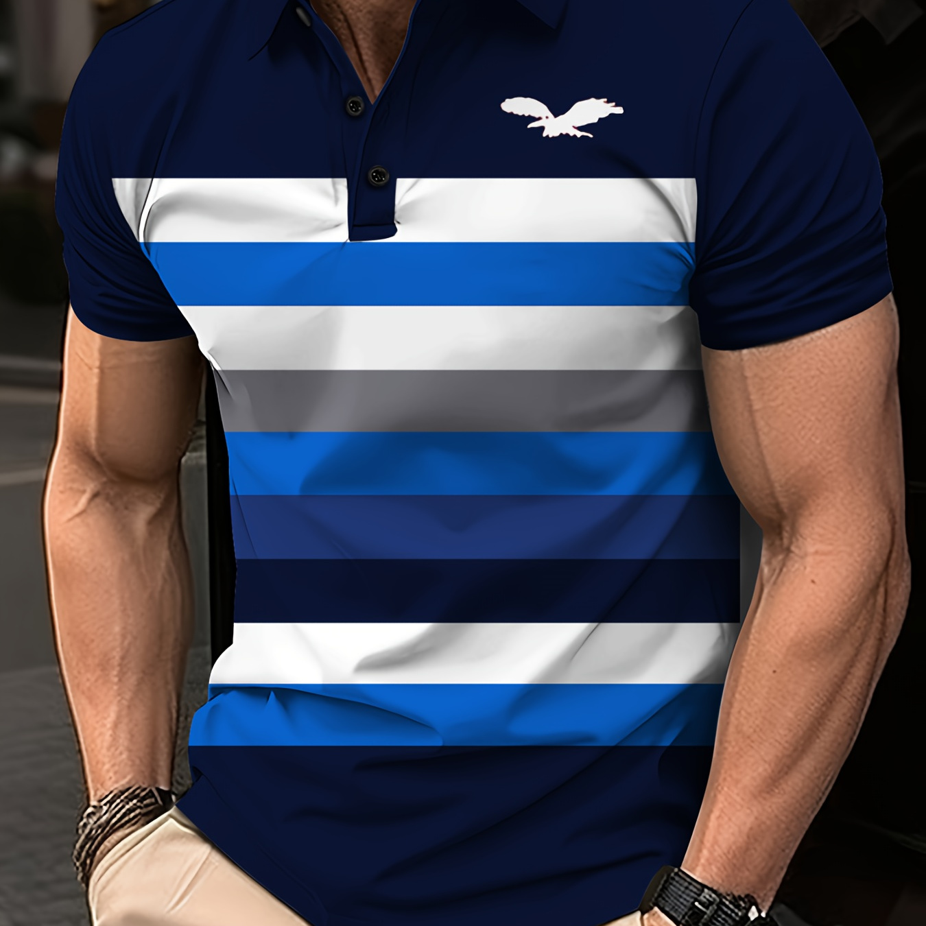 

Men's Fashion Striped Polo Shirts With Button Detail - 100% Polyester Casual Polo Collar Tops, Knit Fabric With Slight Stretch, Summer Golf Tennis Sportswear