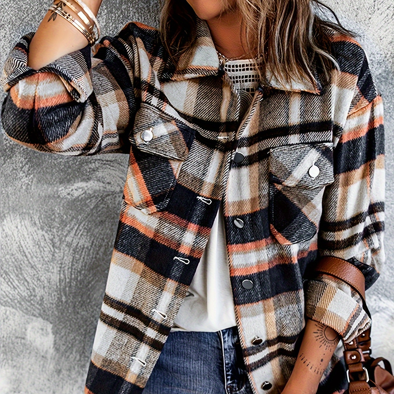 

Plaid Print Button Front Jacket, Casual Lapel Neck Flap Pockets Long Sleeve Jacket For Winter & Fall, Women's Clothing