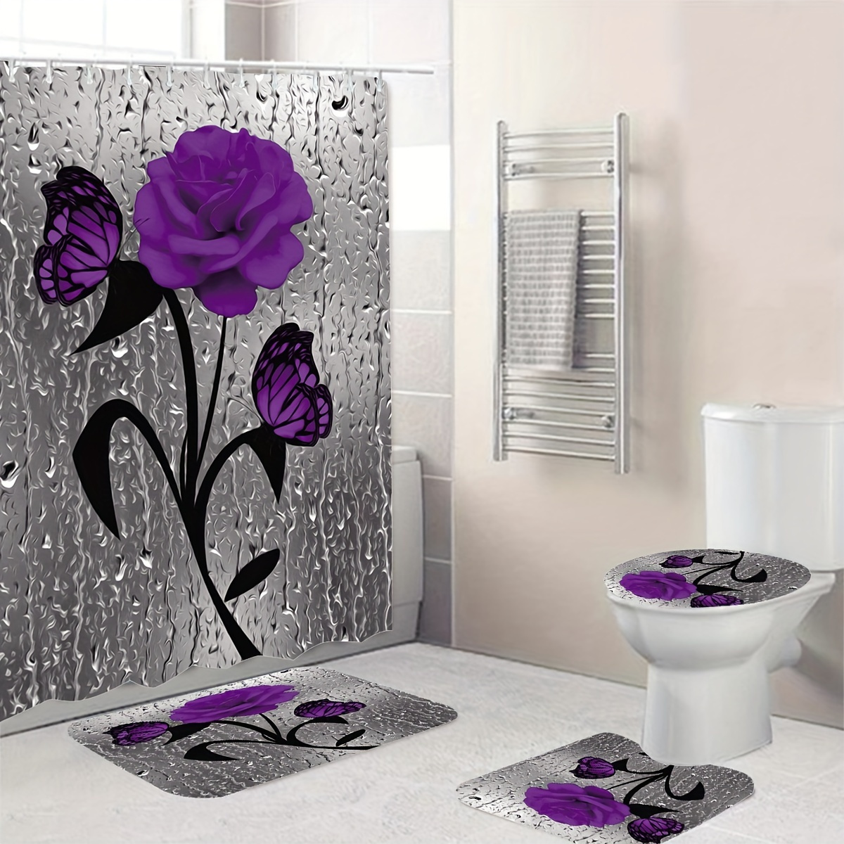 1pc Purple Rose Shower Curtain, Waterproof Shower Curtain With 12 Hooks, Non-Slip Bathroom Rug, Toilet U-Shape Mat, Toilet Lid Cover