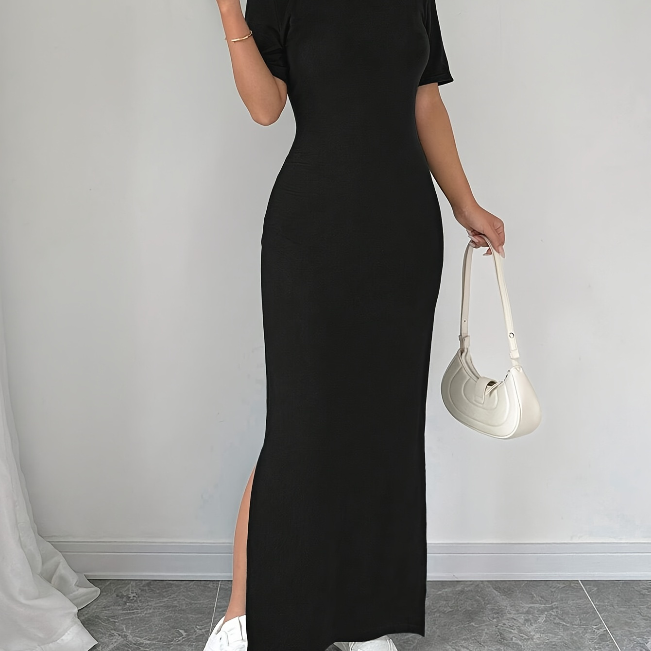 

1pc Elegant Solid Color Maxi Dress For Women, Polyester Knit Fabric, Crew Neck, Short Sleeve, Side Slit, Casual Long Dress