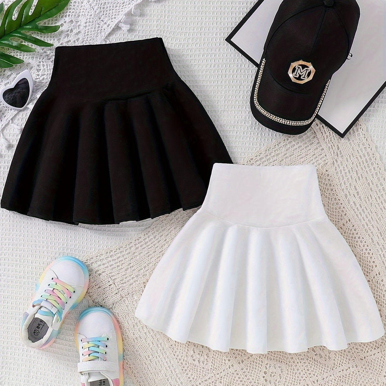 

Girls 2pcs/set Stylish & Casual Solid Colored High Waisted Skirts For Spring & Summer