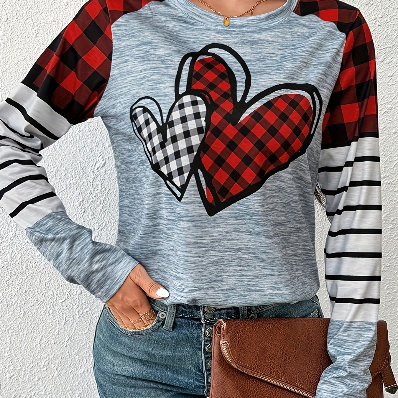 

Plaid & Heart Print T-shirt, Casual Long Sleeve Crew Neck Top, Women's Clothing