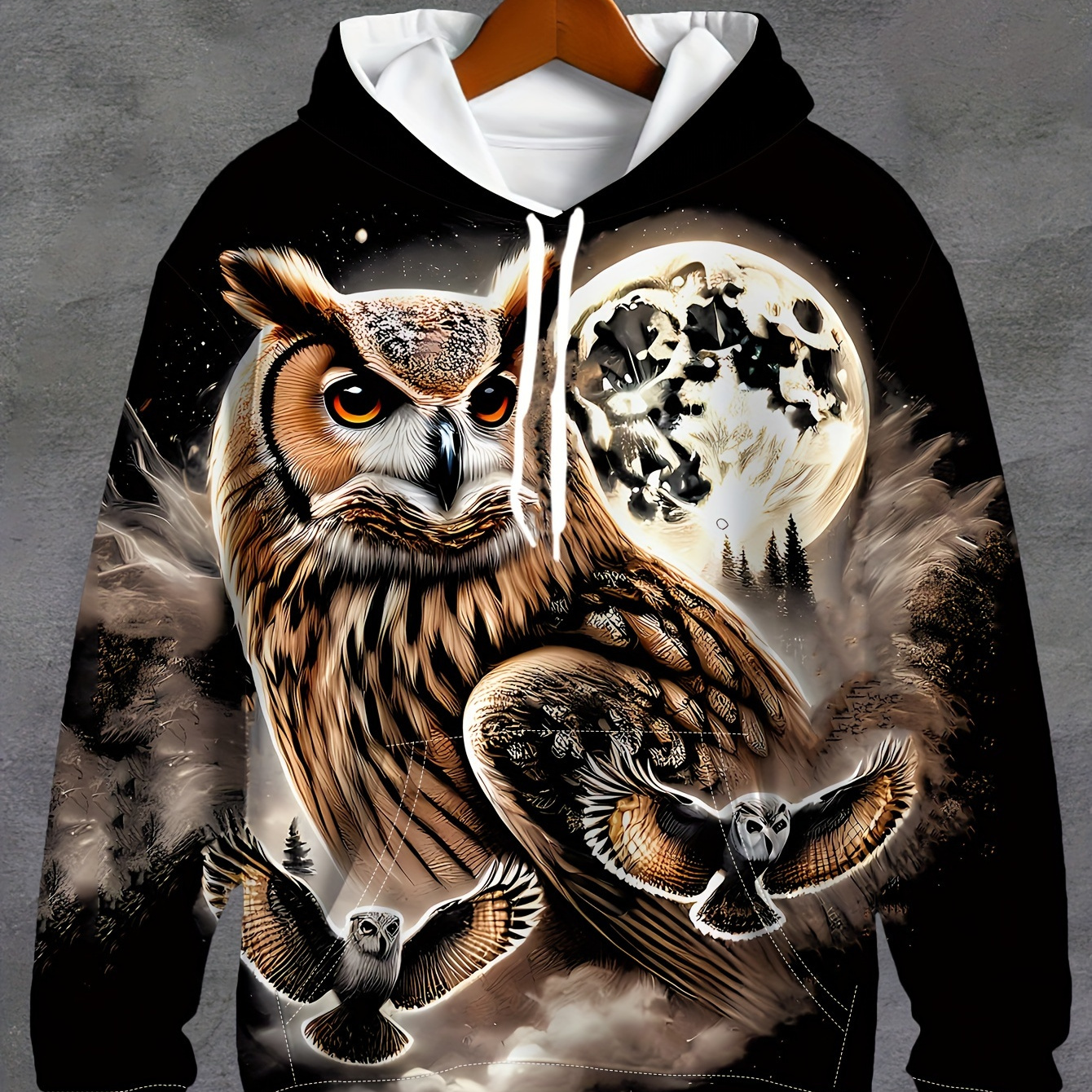 

Men's 3d Owl & Moon Graphic Hoodie - Mystical Design, Long Sleeve, Casual Pullover With Drawstring & Kangaroo Pocket, Polyester, Fall/winter