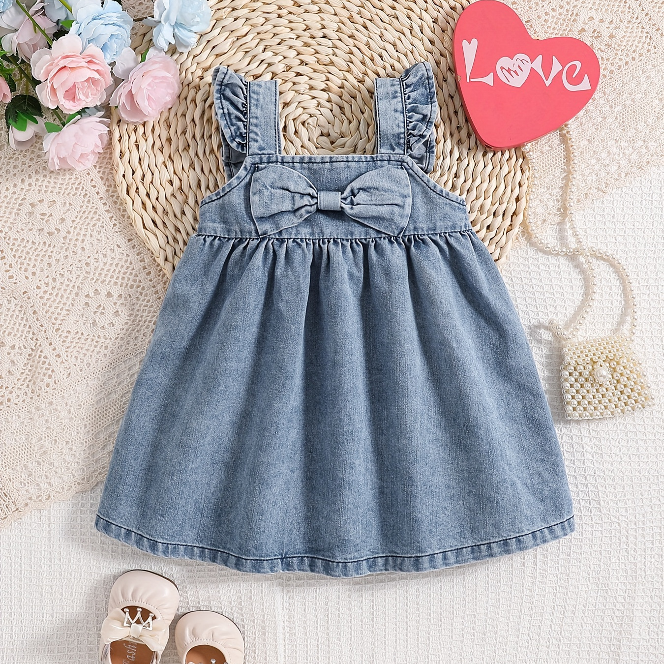 

Infant Baby Girl Cute Pleated Denim Suspender Dress With Bow