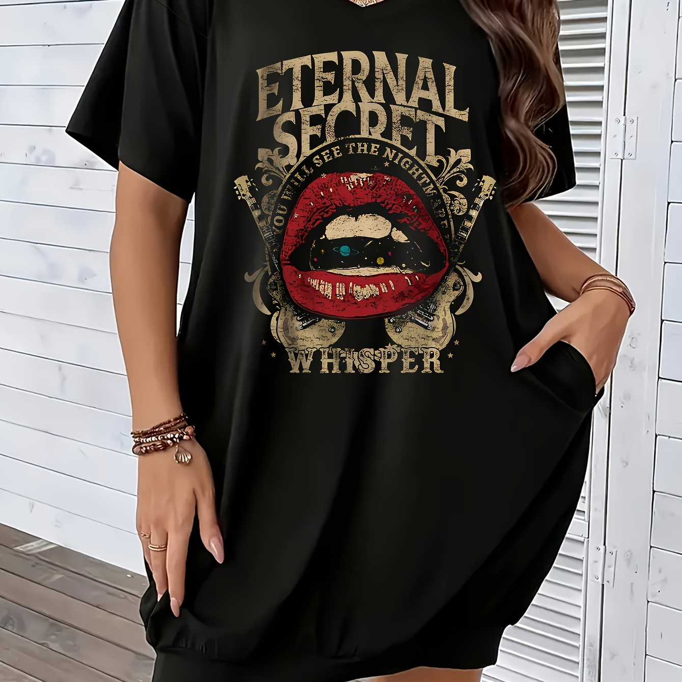 

Robe de T-Shirt Éternel - Décontractée en V avec Tissu Tricoté à Cordon de Serrage, Détail de Poche Élastique, Collection Printemps/Été en Polyester