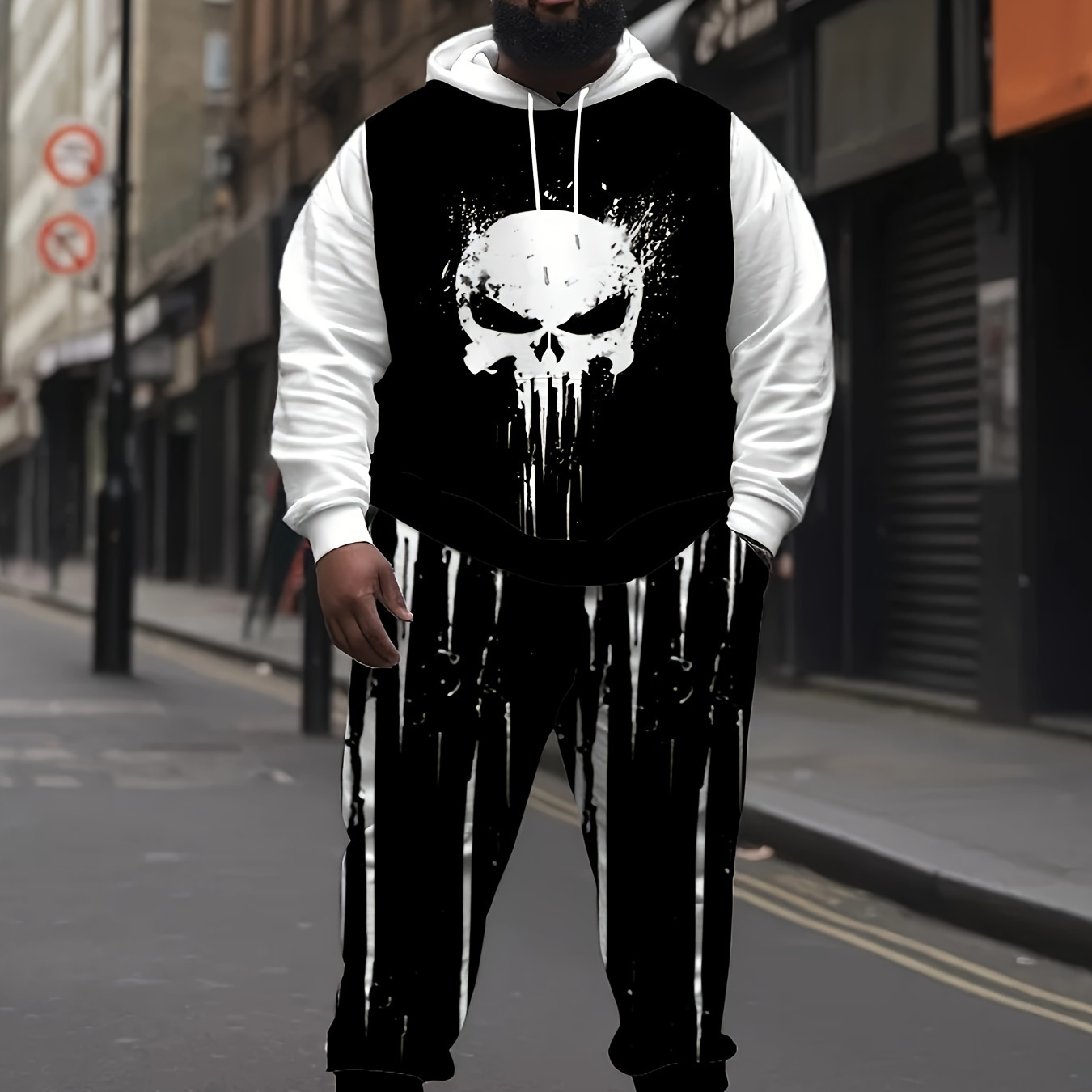 

2pcs Men's Plus Size Casual Skull Print Hooded Sweatshirt & Pant Set