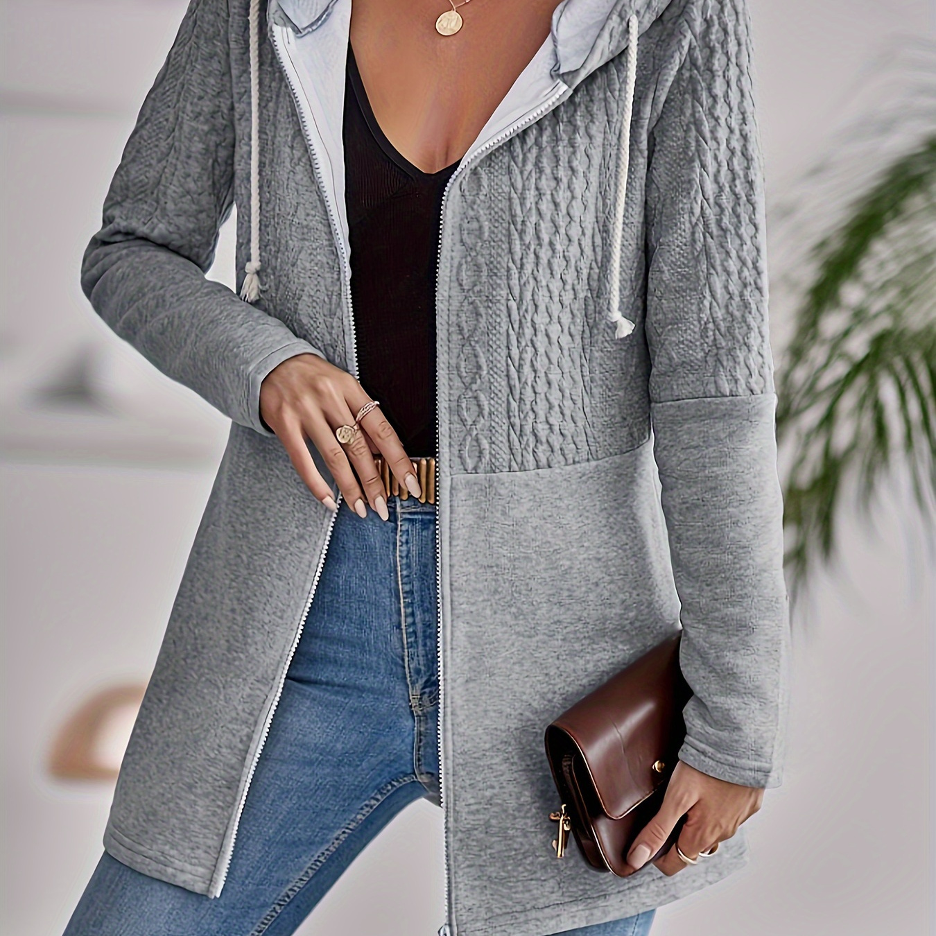 

Women's Casual Light Gray Hooded Jacket With Drawstrings - Soft Polyester Knit, Long Sleeve, Open Front Design, Machine Washable, , Cute Jacket