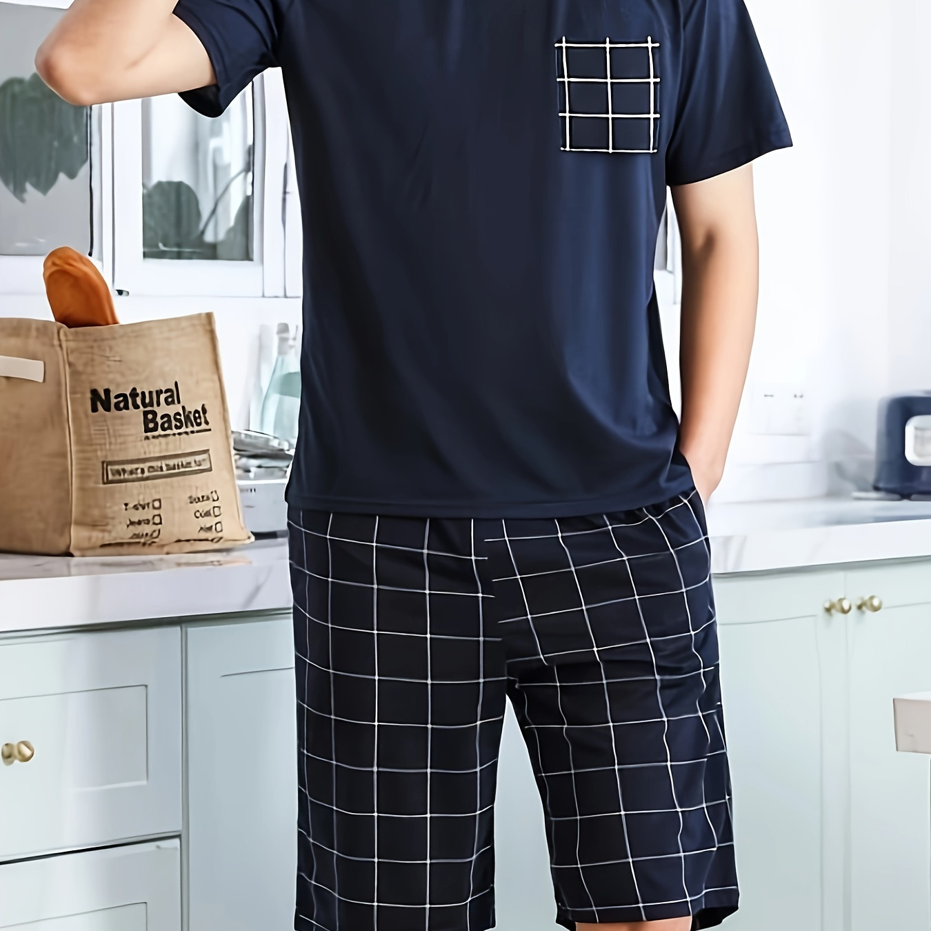 

Men's Trendy Casual Comfy Tees & Shorts, Solid Crew Neck Short Sleeve With Chest Pocket T-shirt & Loose Shorts Home Pajamas Sets, Casual Sets For Summer