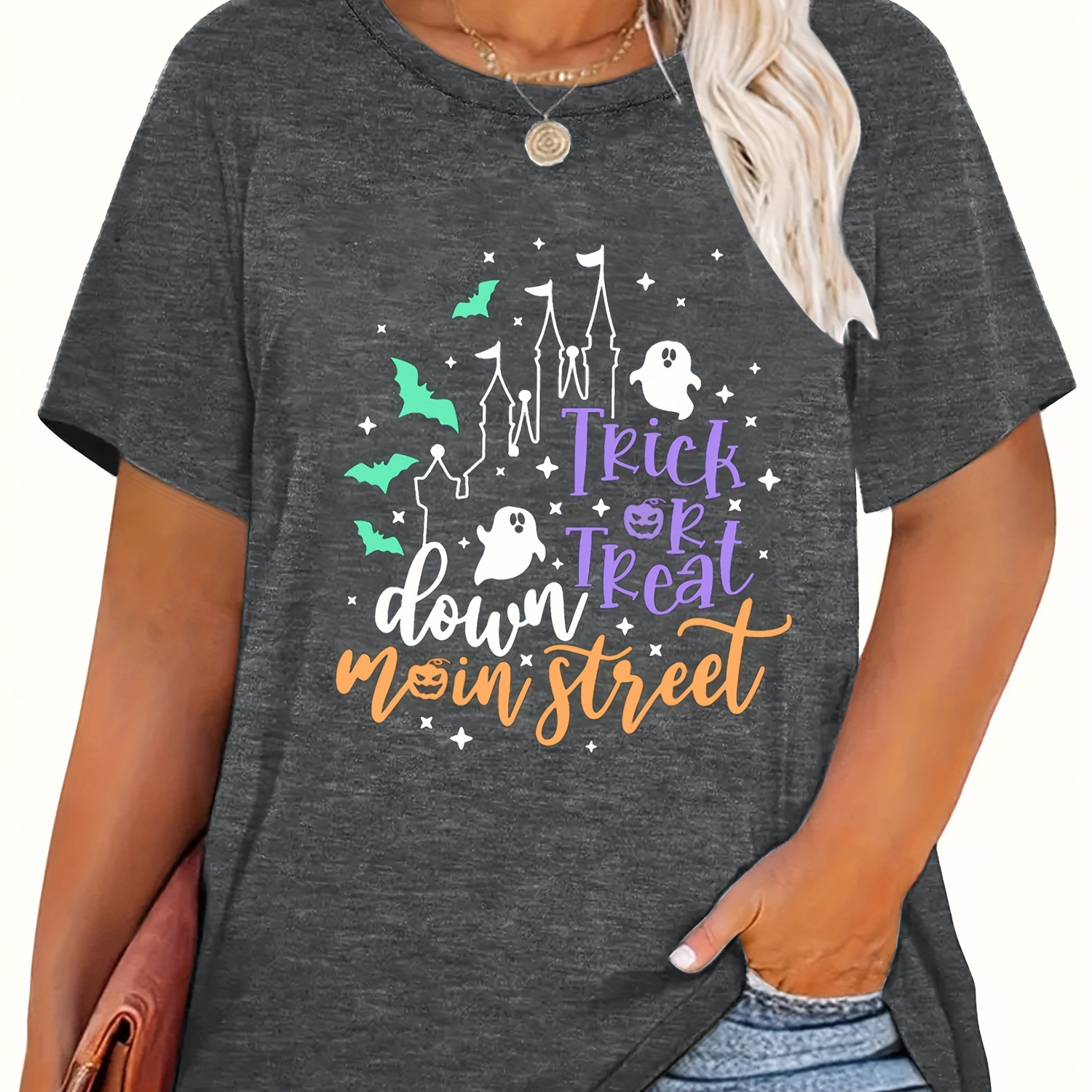

Plus Size Cartoon Ghost & Castle Print T-shirt, Casual Short Sleeve Top For Spring & Summer, Women's Plus Size Clothing