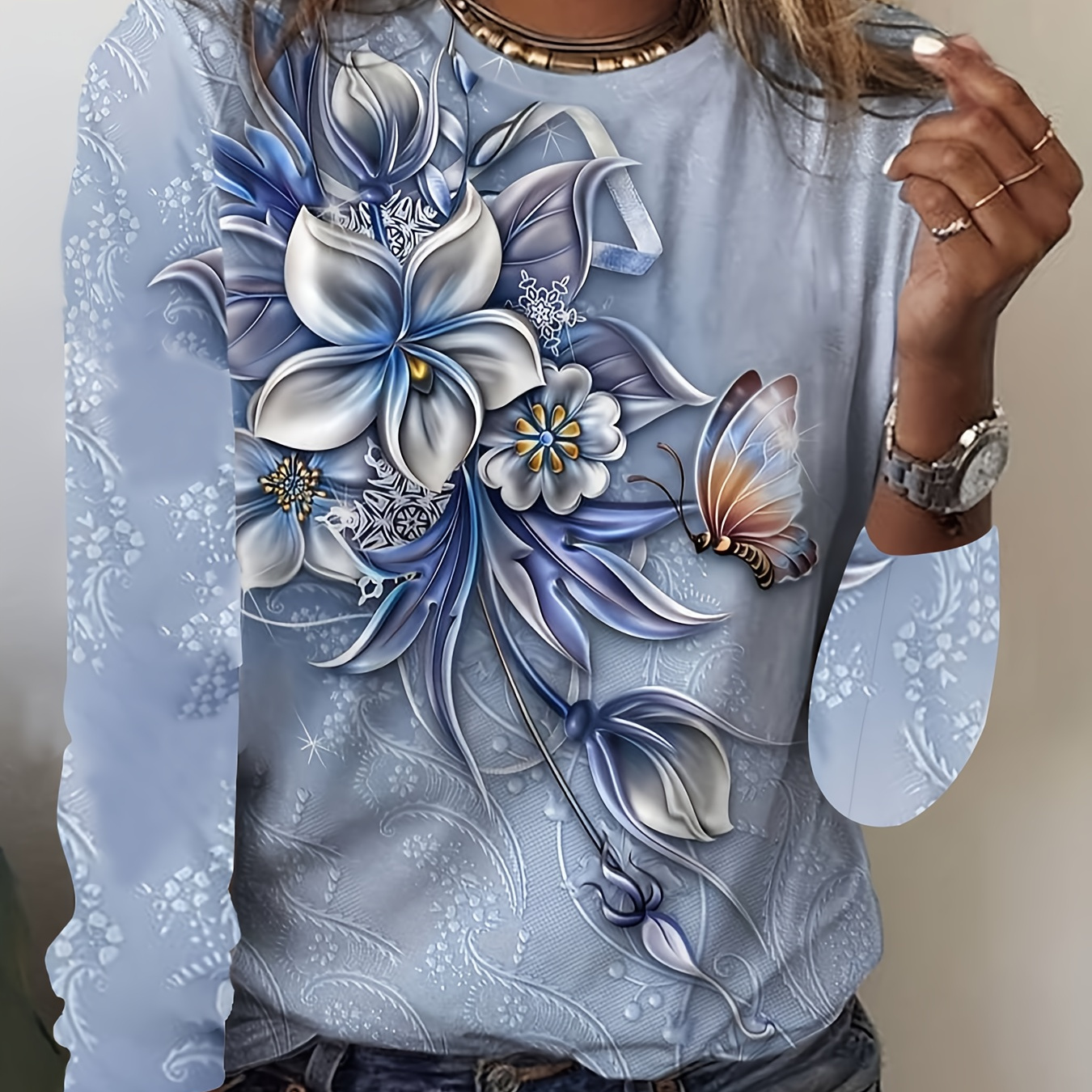 

Floral Print Long Sleeve T-shirt, Casual Crew Neck Top For Spring & Fall, Women's Clothing