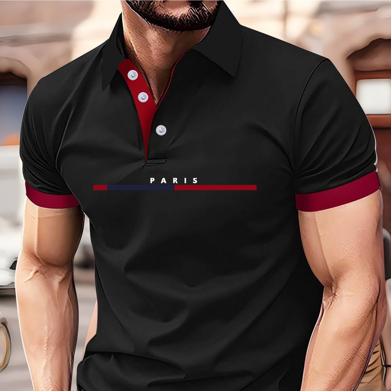 

Men's Summer Turn Down Collar Shirt With Paris Pattern, Breathable Polyester Fabric, Casual And Comfortable Short Sleeve With Button Front