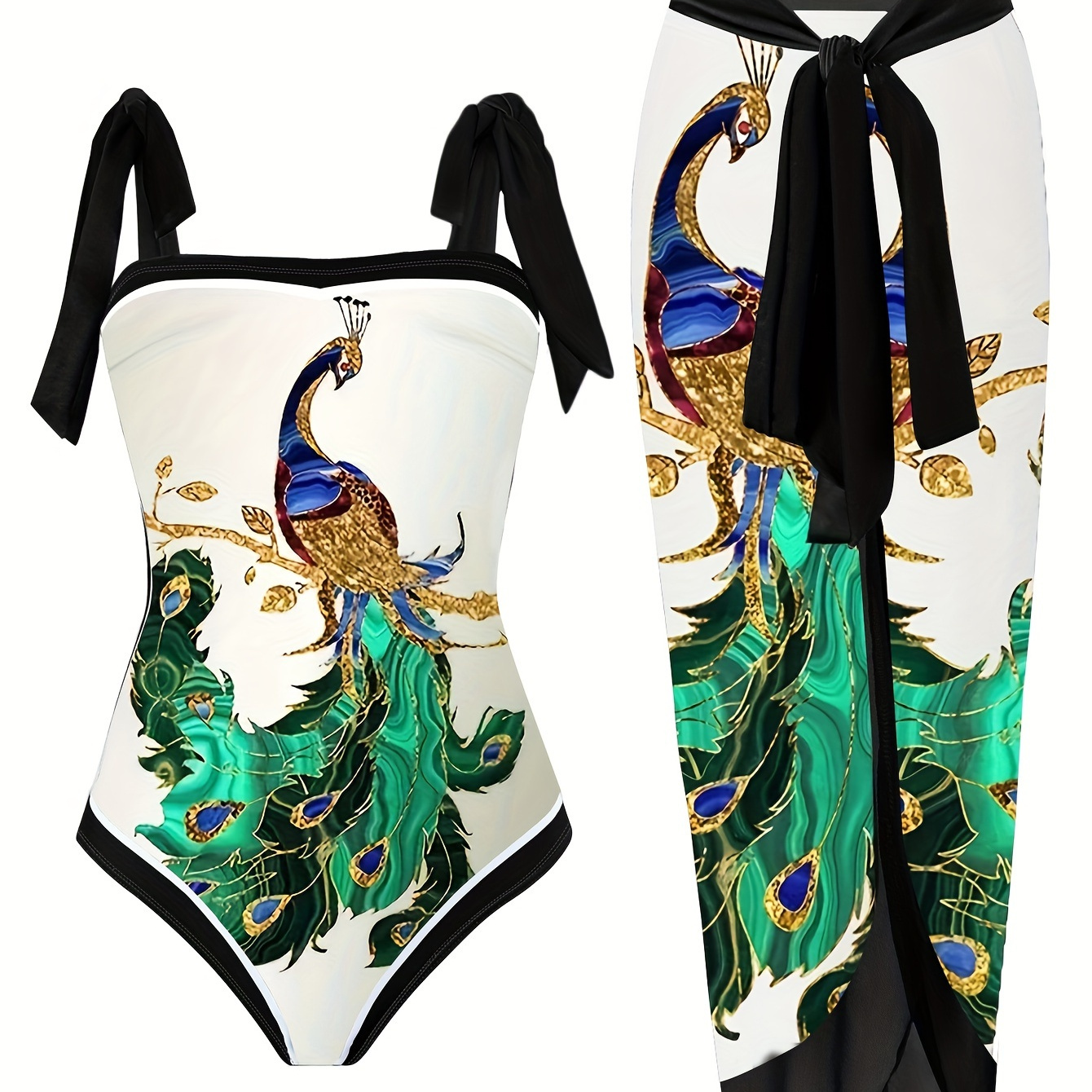 

Plus Size Retro Swimsuit Set, Women's Plus Peacock Print Tie Shoulder 1 Piece Swimsuit & Bow Side Cover Up Skirt Bathing Suit 2 Piece Set