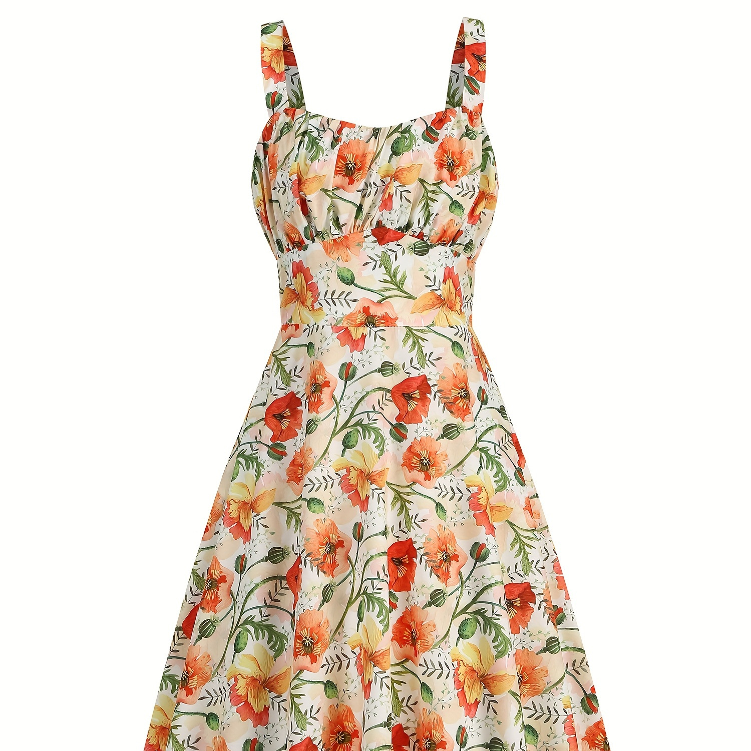 

Floral Print Wide Strap Dress, Vacation Style Sleeveless Ruched Bust A-line Dress For Spring & Summer, Women's Clothing