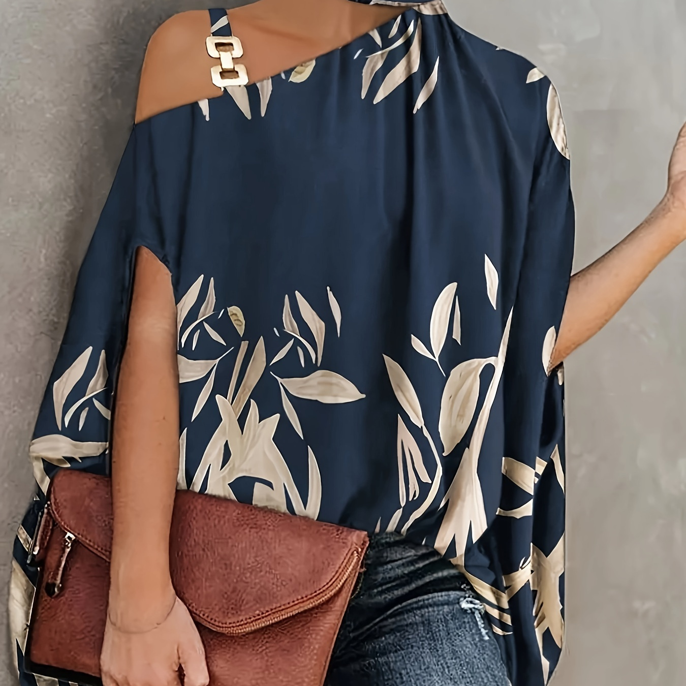 

1pc Elegant Floral Print Halter Neck Blouse For Women, Polyester Woven Shirt, One-shoulder Design, Spring/fall Fashion, Adult Apparel