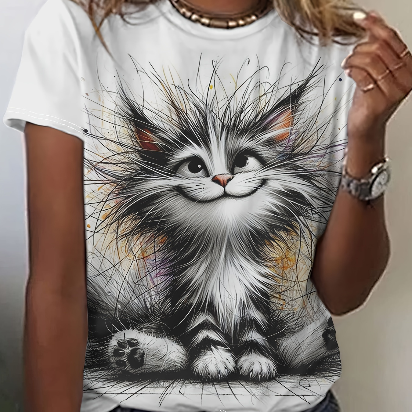 

T-shirt à col rond imprimé chat flou, haut décontracté à manches courtes pour l'été et le printemps, vêtements pour femmes