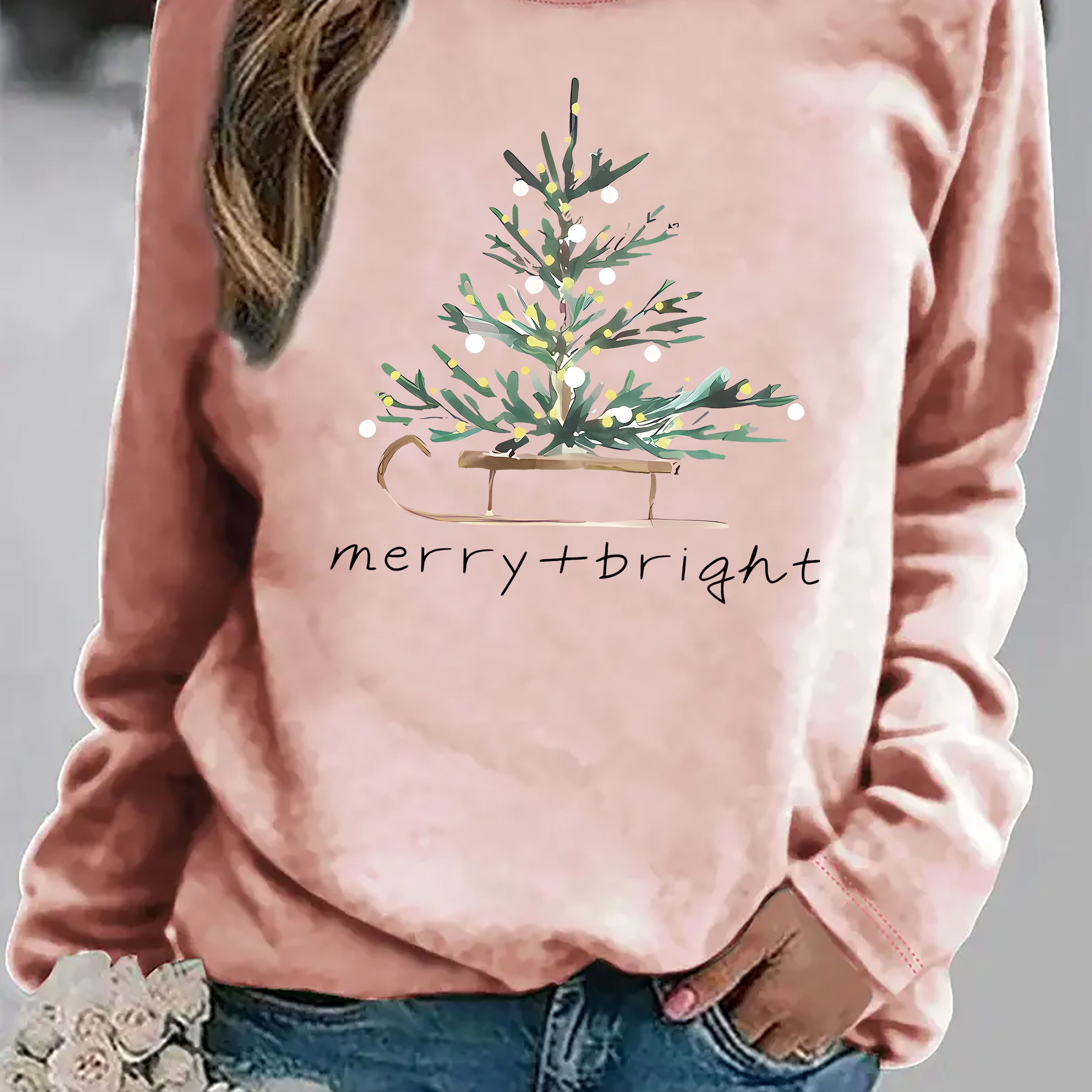 

Christmas Tree Pattern Long Sleeve T- For Women, Round Top, Polyester , All-
