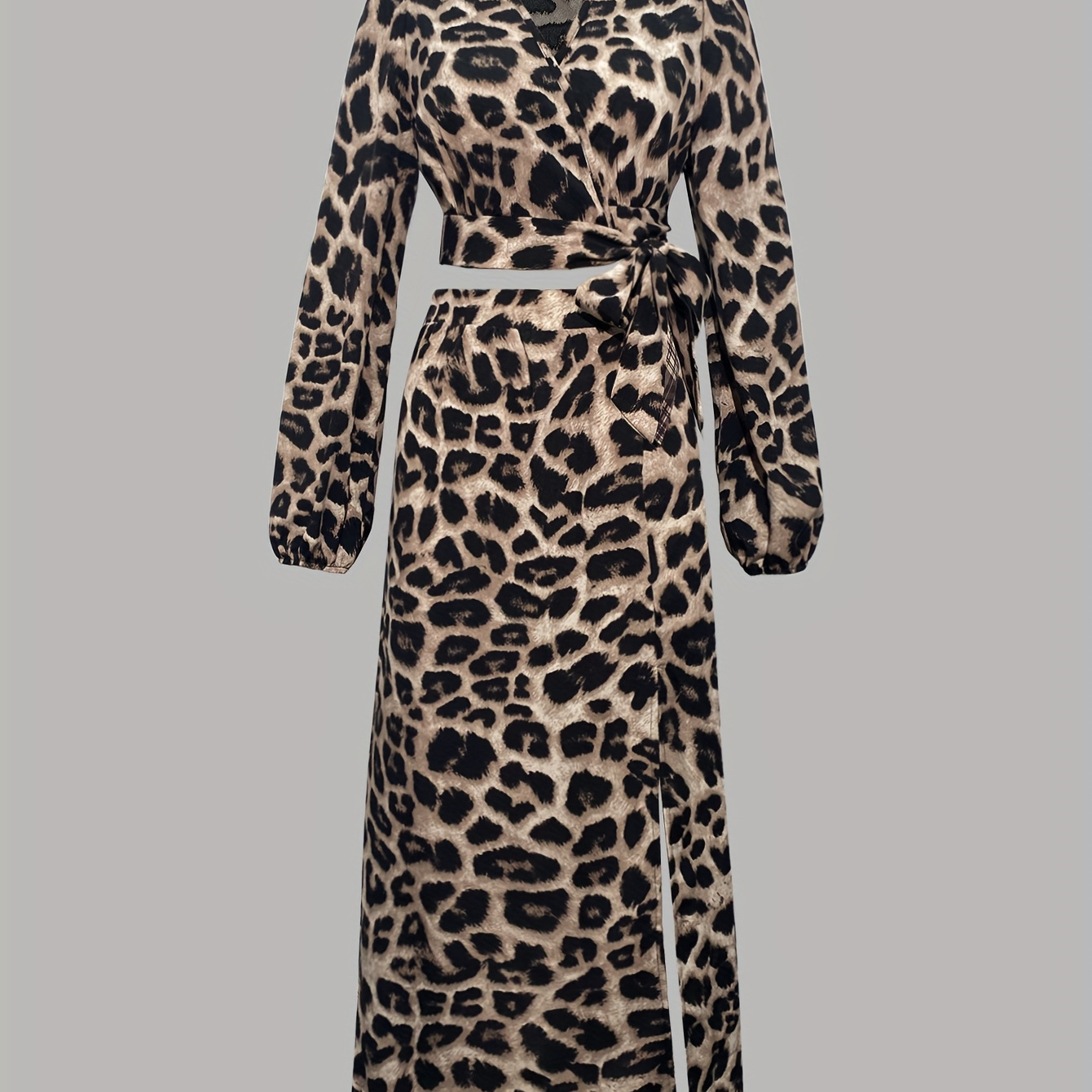 

Elegant Leopard Print Two-piece Set: V-neck Tie-side Top & High-slit Maxi Skirt - Machine Washable, Polyester For Women