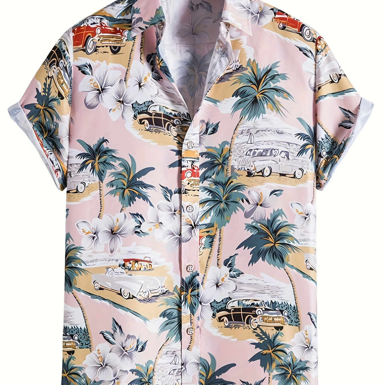 

Coconut Tree & Vintage Car Print Men's Casual Short Sleeve Shirt, Men's Shirt For Resort