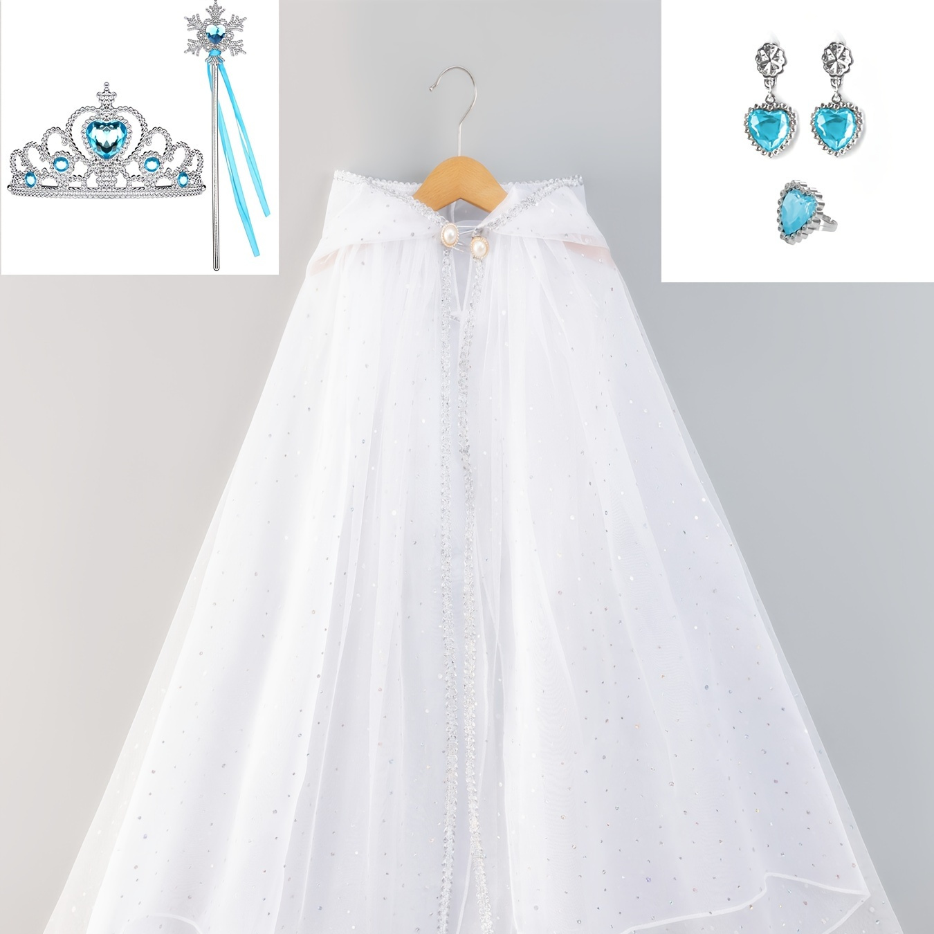 

Girls 5-piece Snow Princess Dress-up Outfit, Mesh Layered Hooded Cape With Sparkling Details & Accessories For Stage Performance