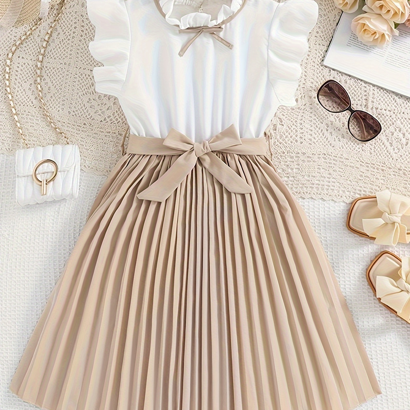 

Elegant Frill Sleeve Spliced Pleated Dress For Girls Vacation Casual Dresses Summer Gift