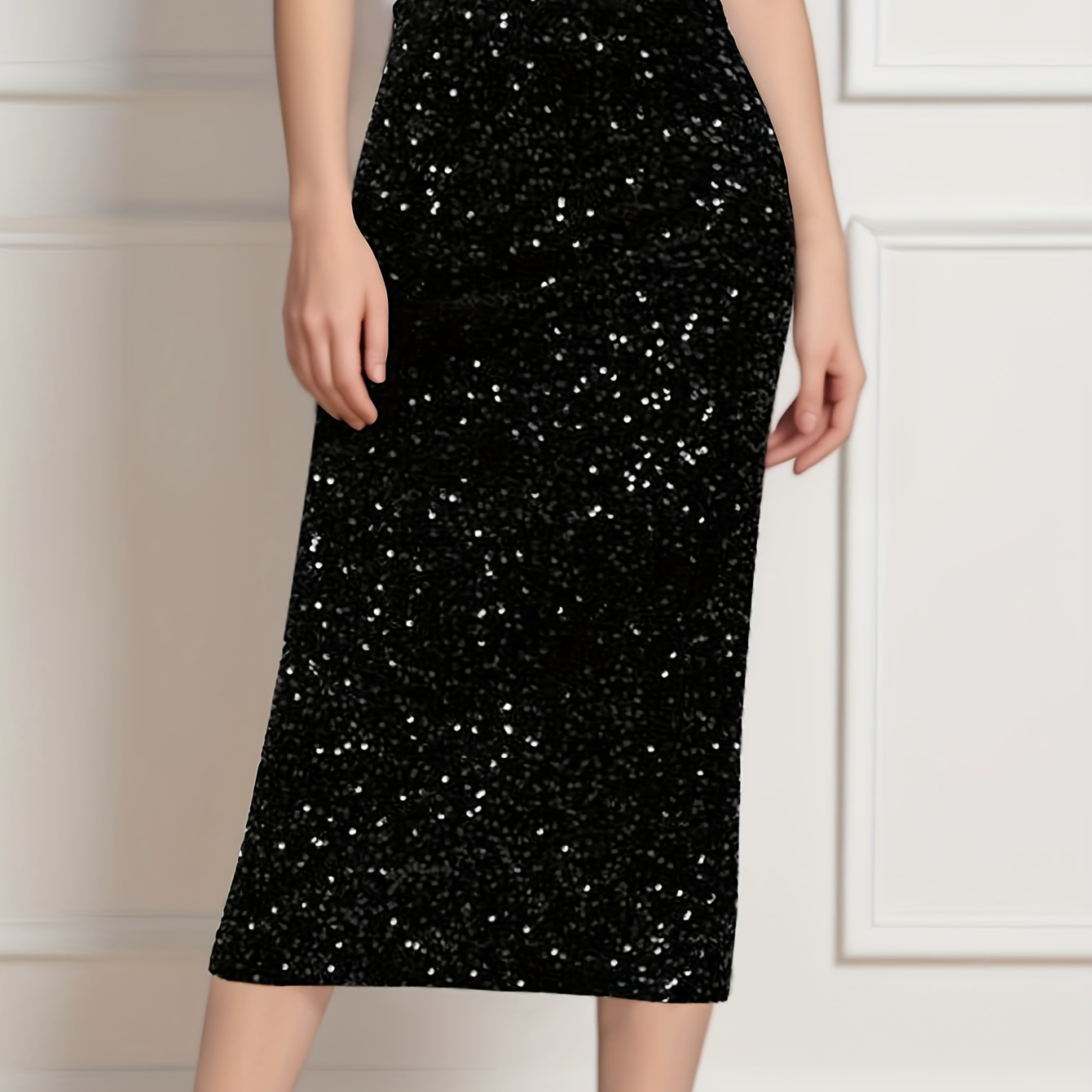 

1pc Elegant Sequin Midi Skirt For Women, Polyester Knit Fabric, Solid Color, Fall/winter Collection