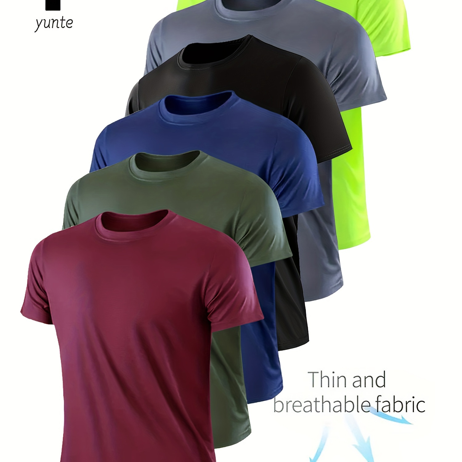 

6-pack Men's Quick-dry T-shirts - Yunte Sports Crew Neck Tees, 100% Polyester, Lightweight, Breathable, Moisture-wicking, Solid Color, Regular Fit, Knit Fabric, Ideal For Gym, Fitness & Running