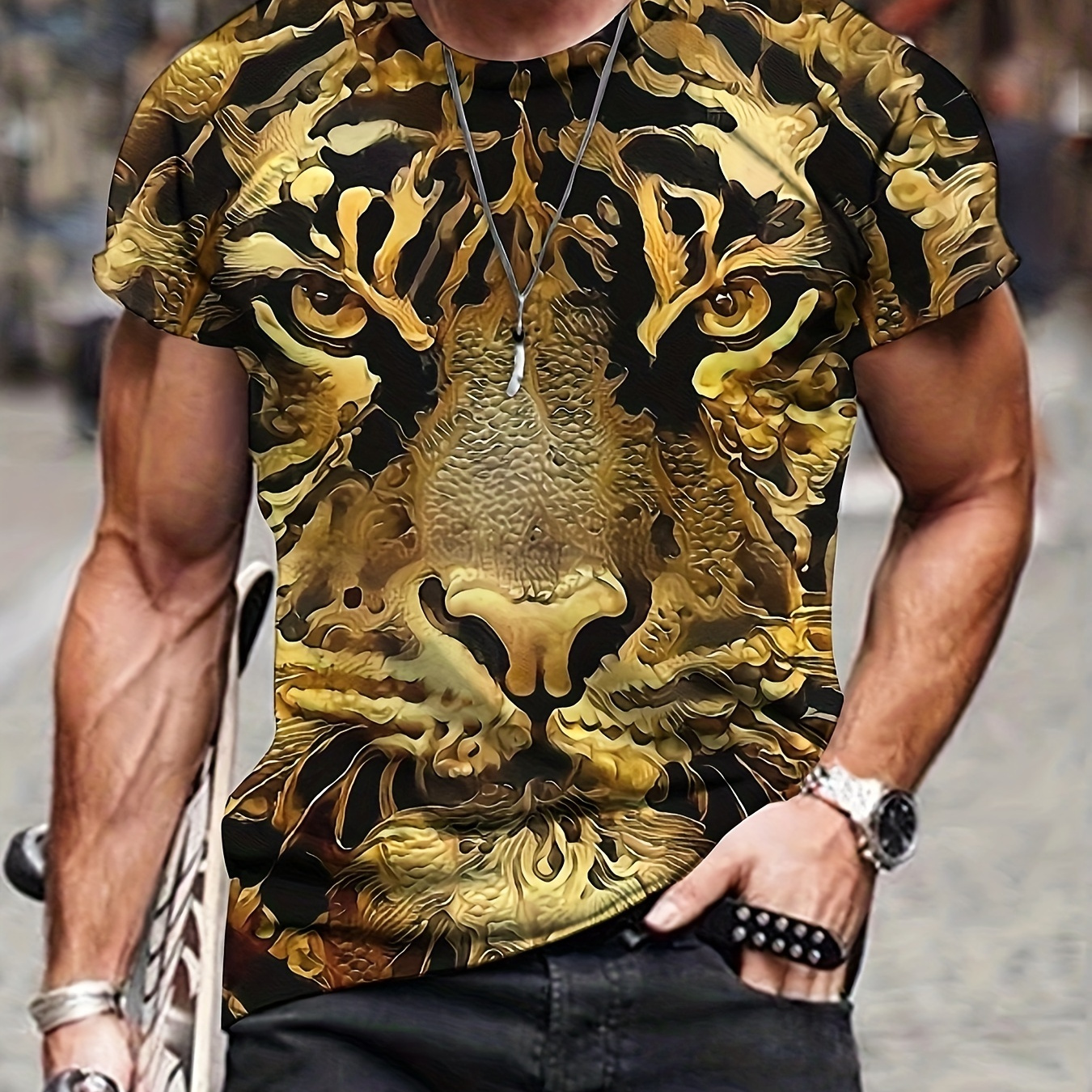 

Men's 3d Tiger Print T-shirt, Casual Comfy Mid Stretch Crew Neck Tee, Men's Clothing For Outdoor
