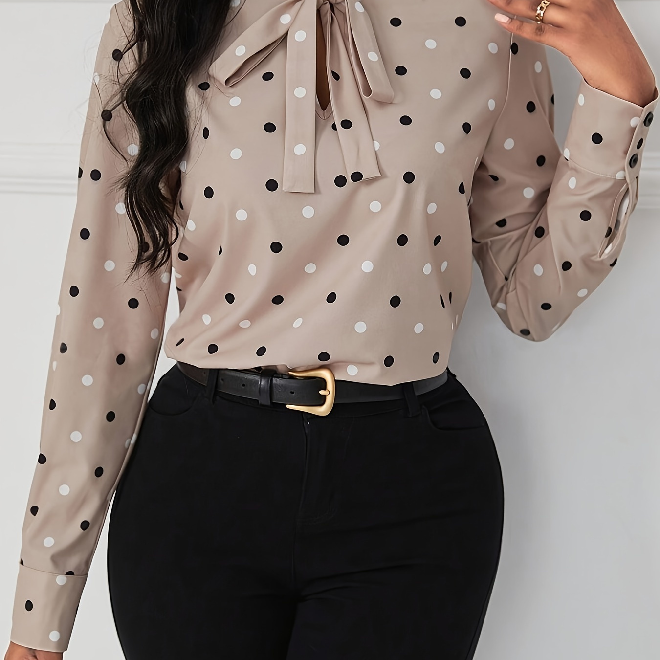 

Polka- Tie Neck Blouse, Elegant Long Sleeve Top For Spring & Fall, Women's Clothing