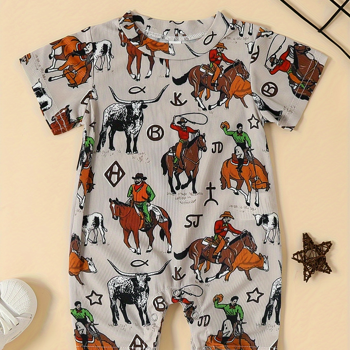 

Baby Boys Short Sleeve Onesie, Creative Cowboy Print, Comfortable Casual Bodysuit, Summer Spring Clothing