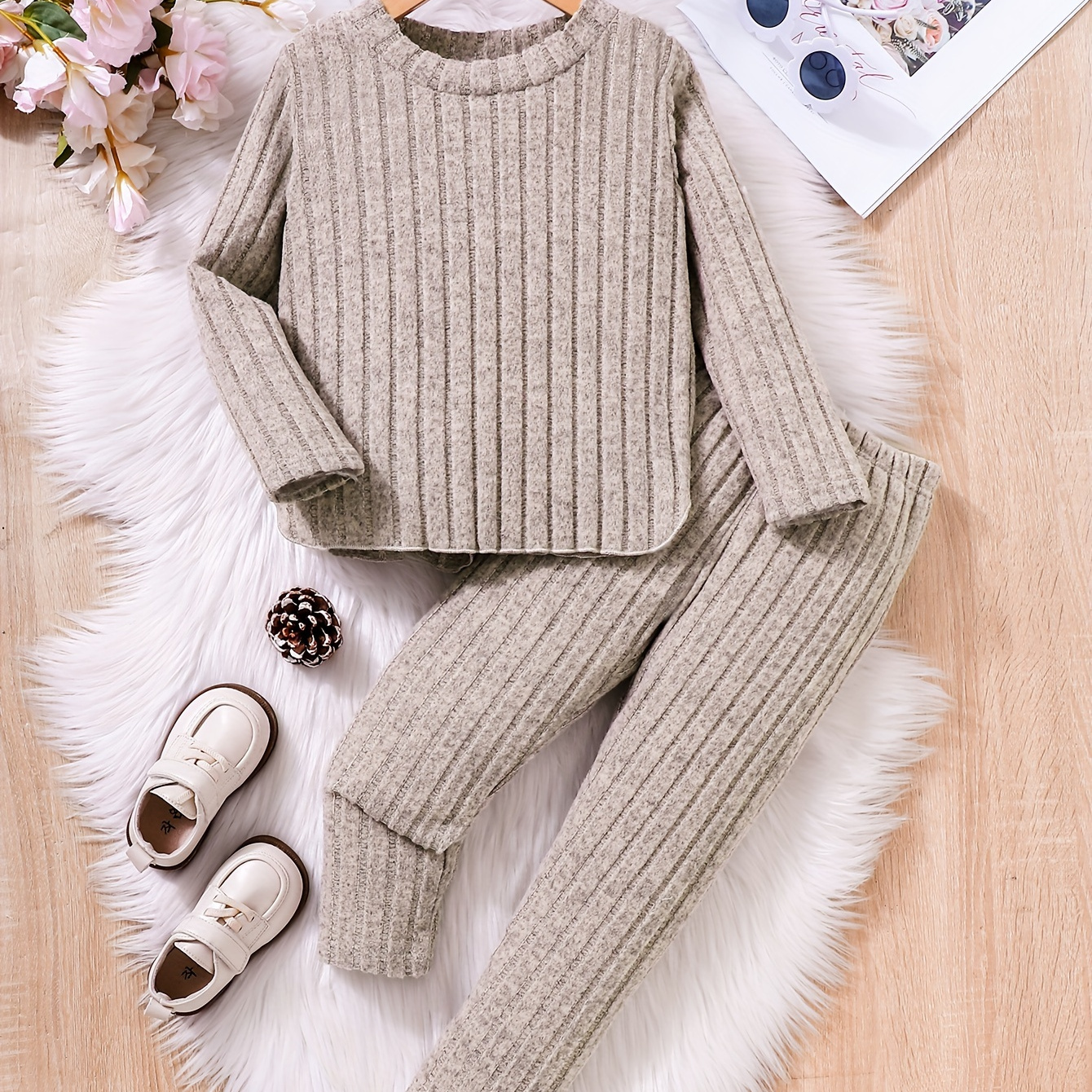 

2pcs Set Girl's Ribbed Long- Top + Pants, & Fall Clothes,