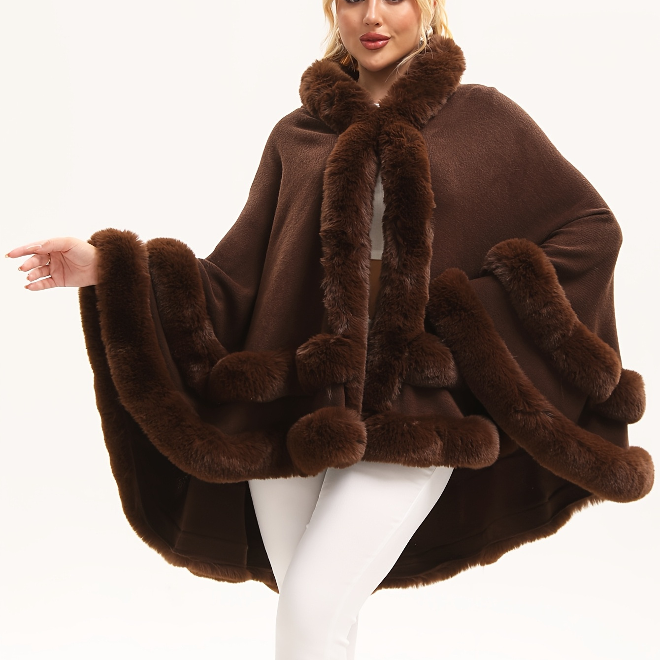 

Hooded Poncho Cape - Long Sleeveless Knit Shawl With Luxurious Fur Trim, Open Front, Cozy Acrylic For Autumn/winter, Plus Size Shawl