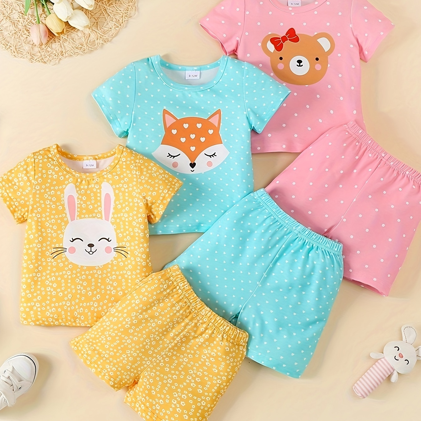 

Ensemble de 3 tenues pour bébé fille, adorables t-shirts à imprimé animal avec shorts à pois, tenues douces pour nourrissons
